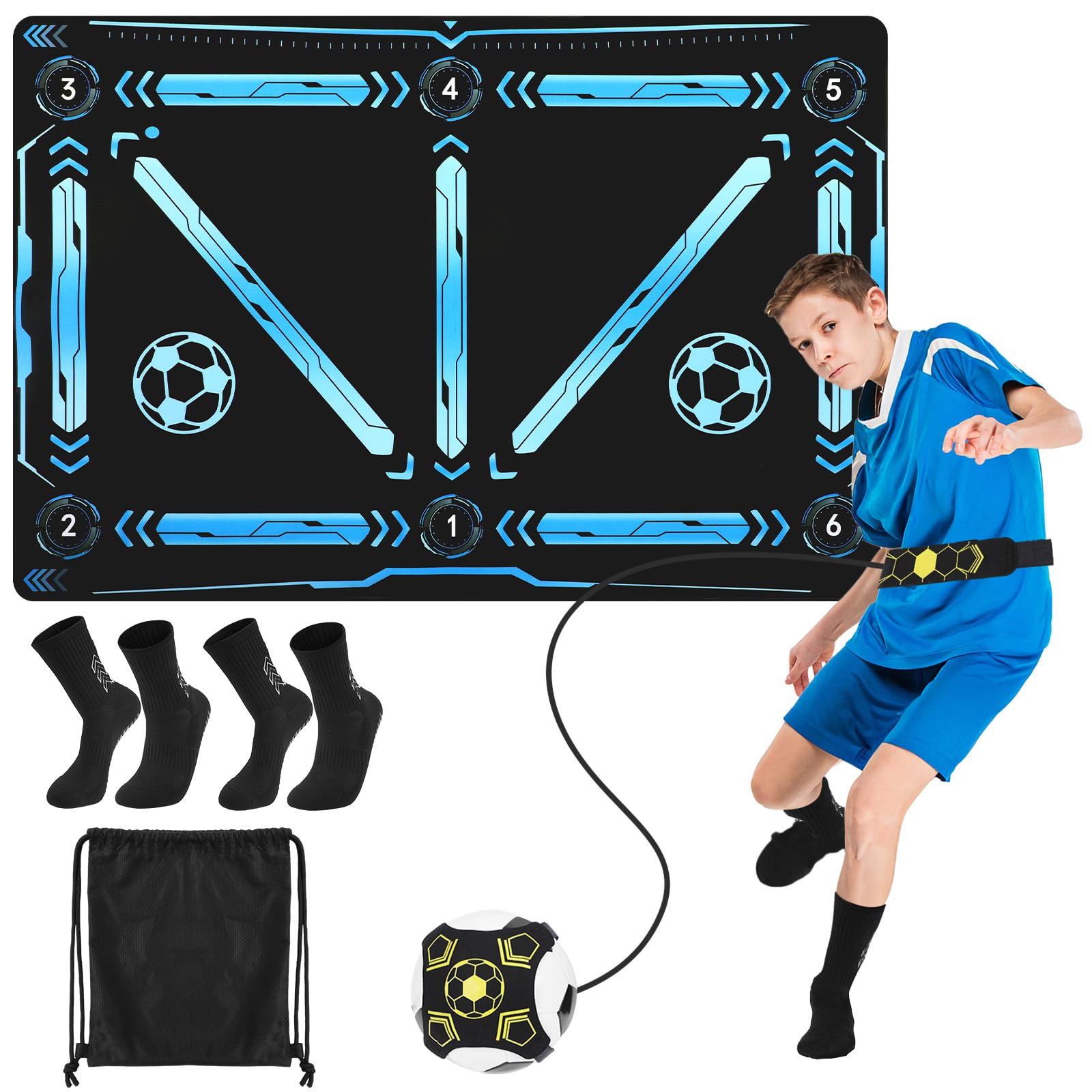 Alfombrilla de Entrenamiento de Fútbol 90*60 cm Alfombrilla de Entrenamiento de Fútbol Antideslizante Silenciosa con Cinturón Ajustable y 2 pares de Calcetines para Principiantes y Jóvenes Futbolistas