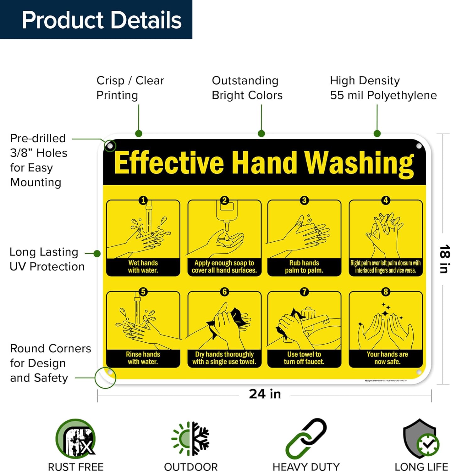 Hand Washing Sign, 18x24 Inches, 55 mil thick HDPE (high density polyethylene), Made in USA by My Sign Center