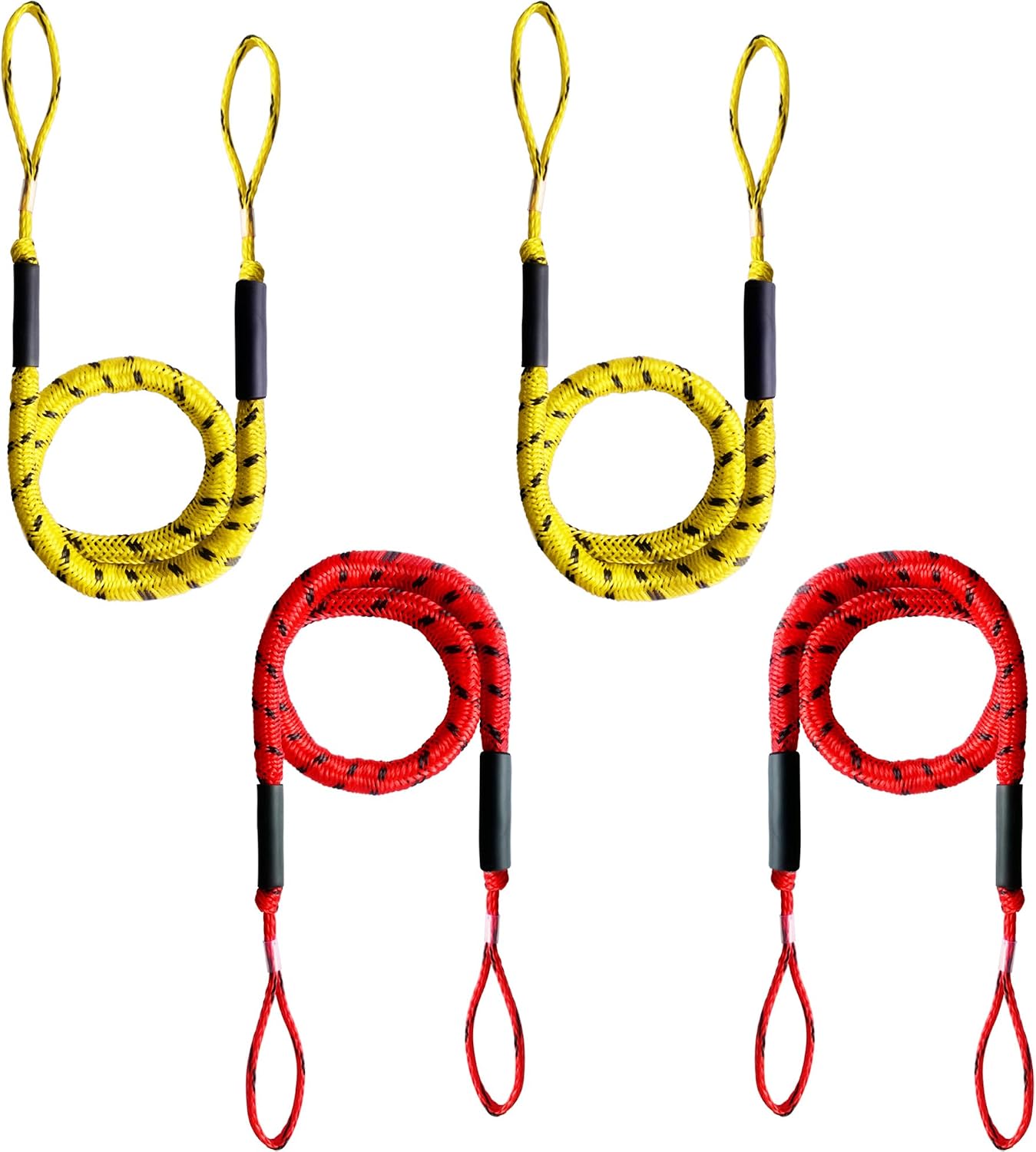 2 Pack Yellow and Black Dock Line with Bungee Cords and 2 Pack Red and Black Dock Line with Bungee Cords Bundle,Boating Accessories,Marine Rope for Docking,Jet Ski,Jon Boat