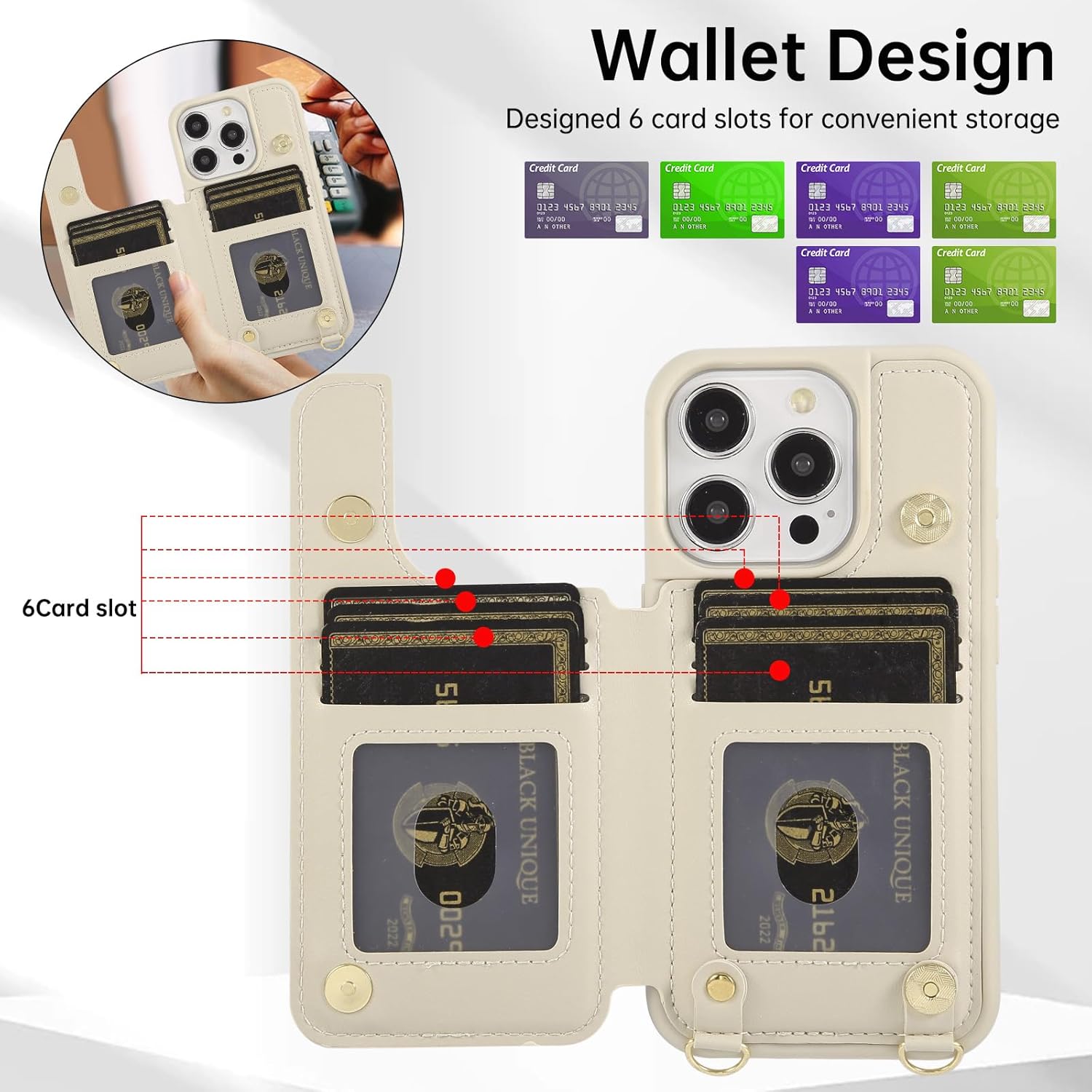 Crossbody Wallet Case for iPhone 12 Pro Max(6.7") with Detachable Strap - PU Leather Flip Folio with Card Slots & RFID Blocking, Sparkling Diamond Accents-Beige - Image 3