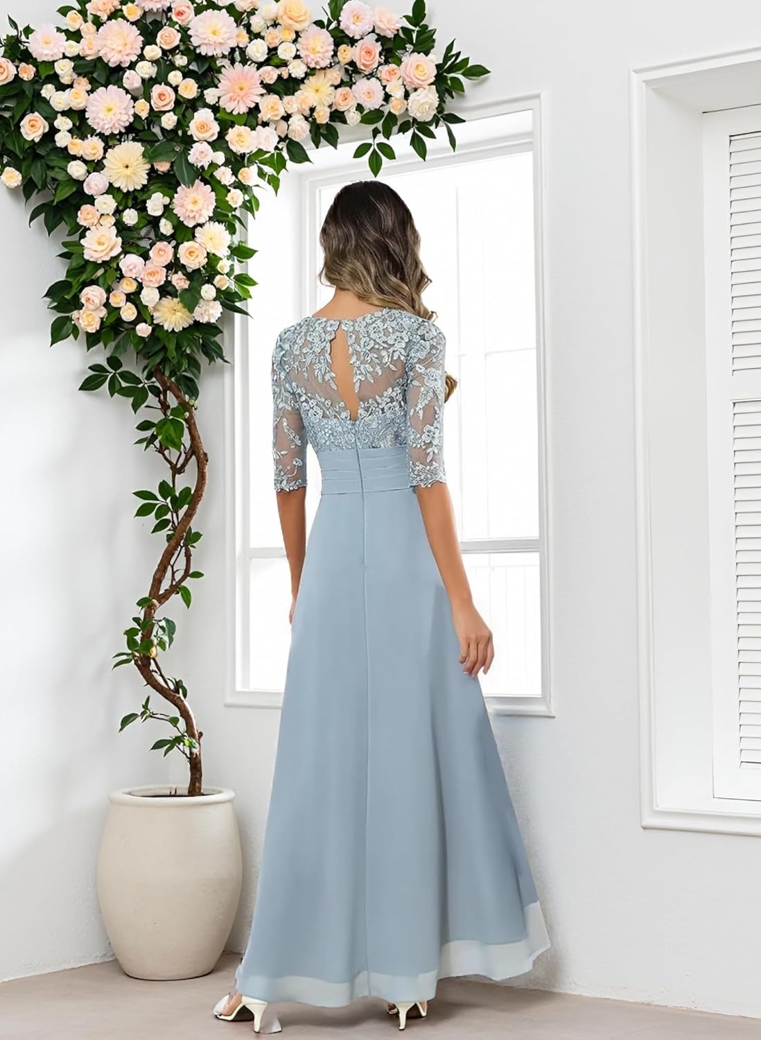 Lace Appliques Mother of The Bride Dresses for Women Half Sleeves Ruched Chiffon Formal Wedding Guest Dress - Image 6