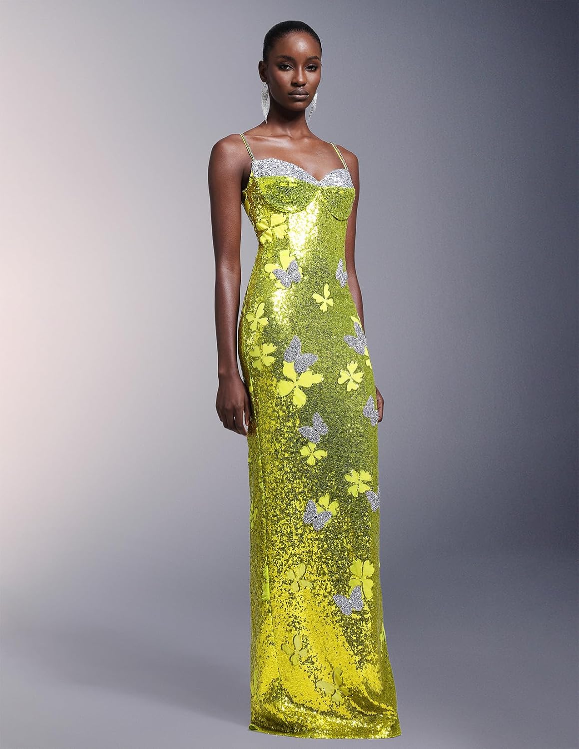 BELLA BARNETT Butterfly Motifs Enthralling Silver Spaghetti Strap Sequin Dress Green Vintage Slim Evening Dress