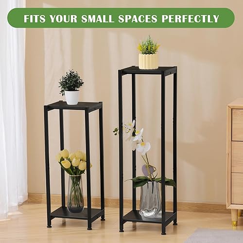 Miniatura 6 de Dipion Soporte alto para plantas de interior, soportes para plantas de 31 pulgadas, soporte de metal de 2 niveles con madera resistente, negro