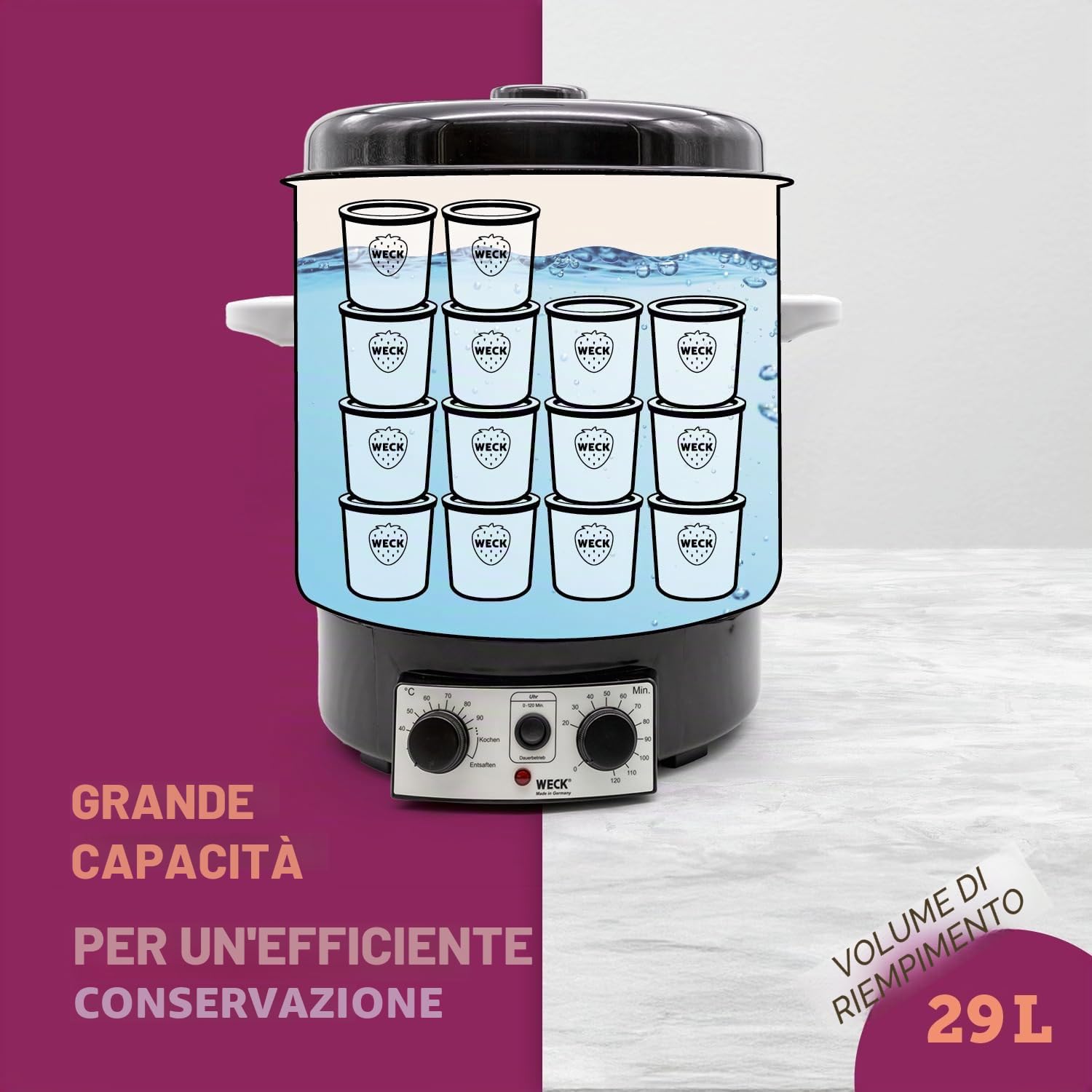 WECK Sterilizzatore elettrico WAT 15 (sterilizzatore a smalto, dispensatore di acqua calda, fornello per vino caldo, termostato, timer, 29 litri) 6830