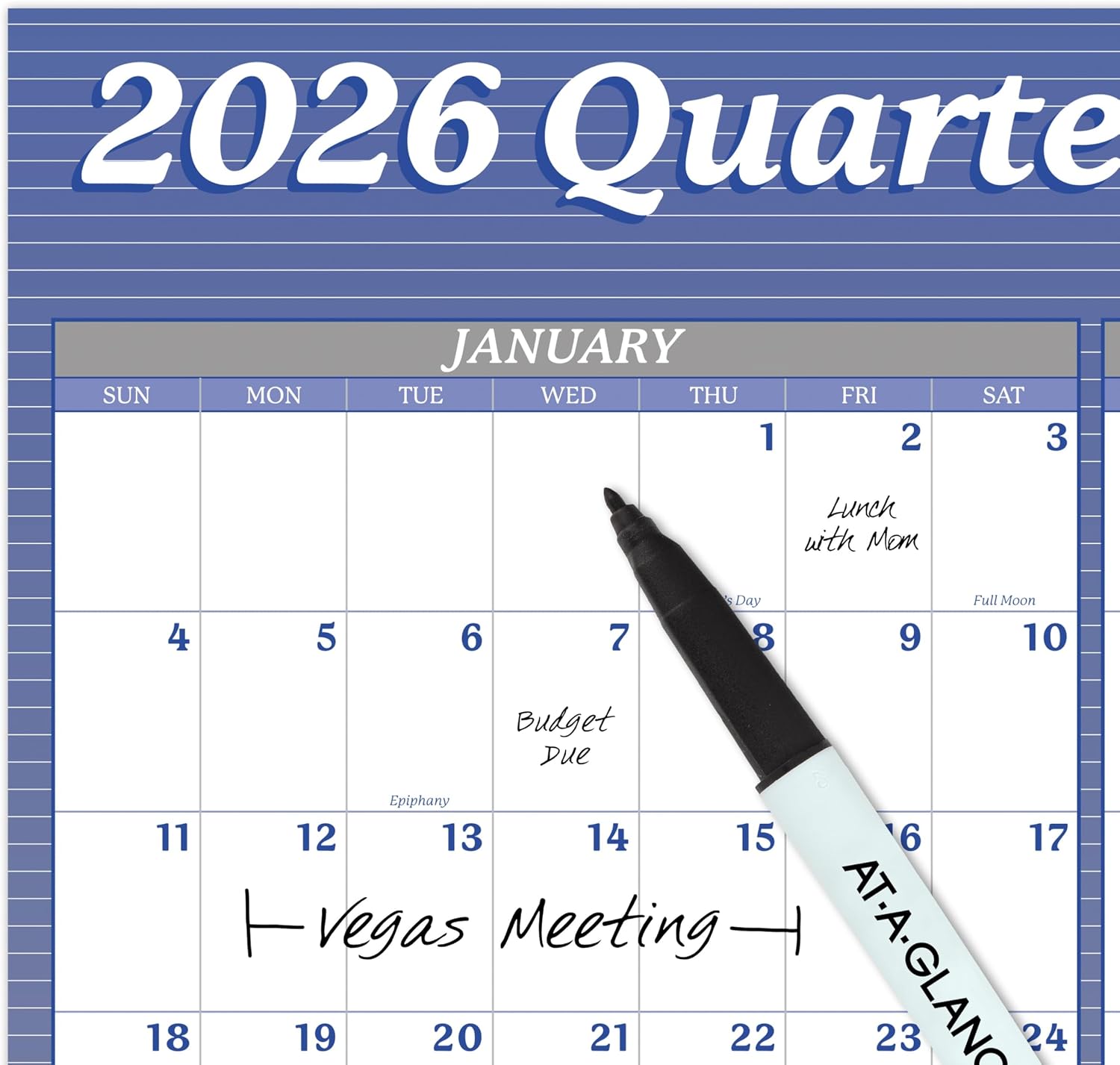 AT-A-GLANCE 2026 Erasable Calendar, Dry Erase Wall Planner, 36" x 24", Large, Vertical/Horizontal, Reversible, Blue (A1102-26)