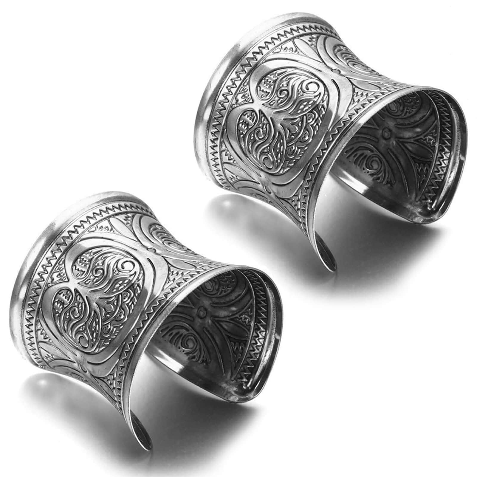 SONNYX 2 PCS Vintage Ethnic Cuff Bracelets for Women Wide Open Chunky Gold Silver Wrist Cuff Warp Bracelets for Cosplay or Belly Dance