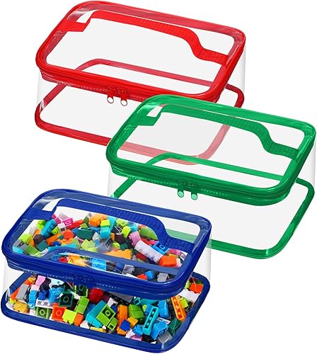 Nitial Paquete de 3 bolsas pequeñas transparentes de almacenamiento de juguetes, bolsas de almacenamiento de juguetes de PVC con asa de cremallera,