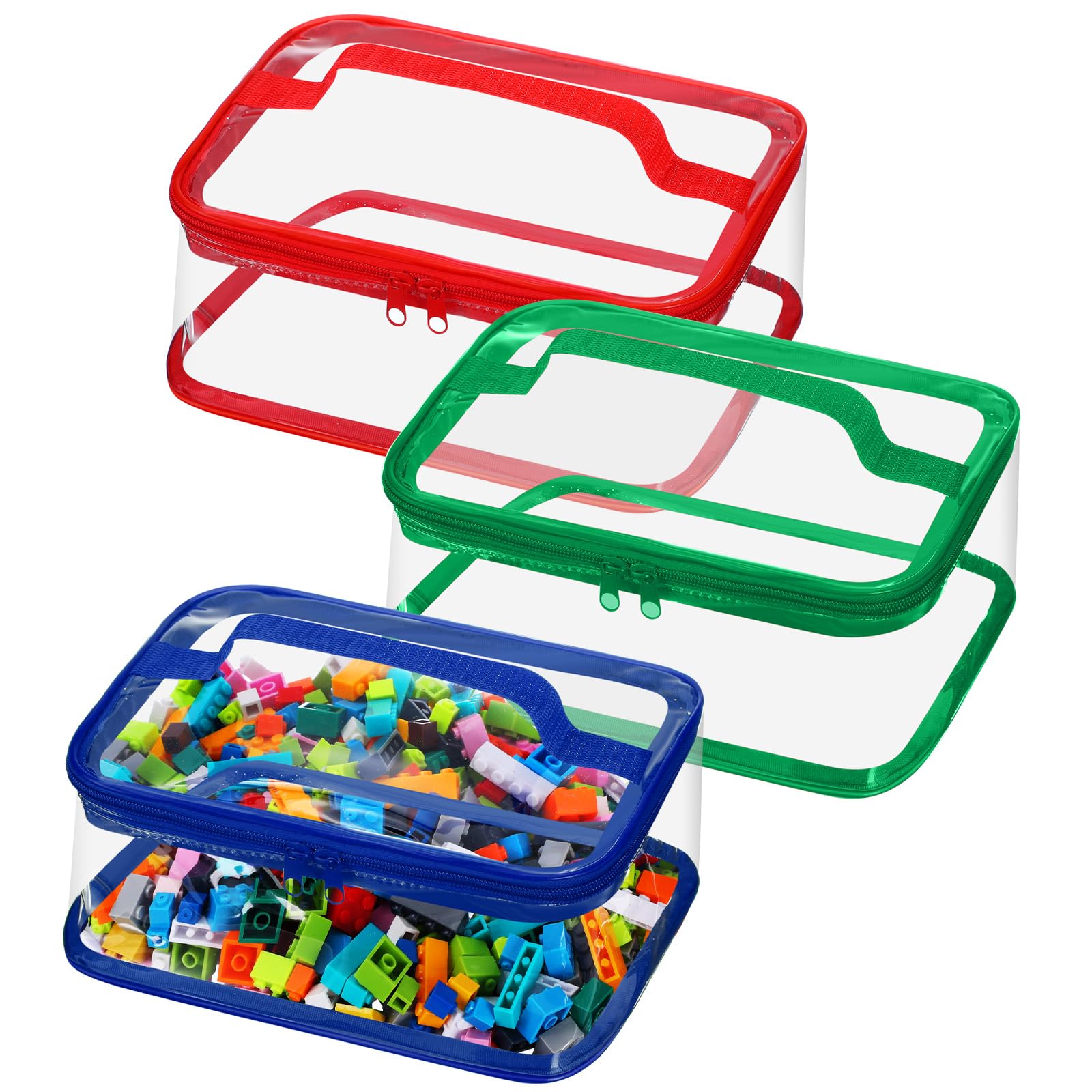 Nitial 3 Packs Small Clear Toy Storage Bags, PVC Toy Storage Bags with Zipper Handle, Waterproof Transparent Container for Small Toys, Building Blocks and Board Games(Red, Blue, Green)