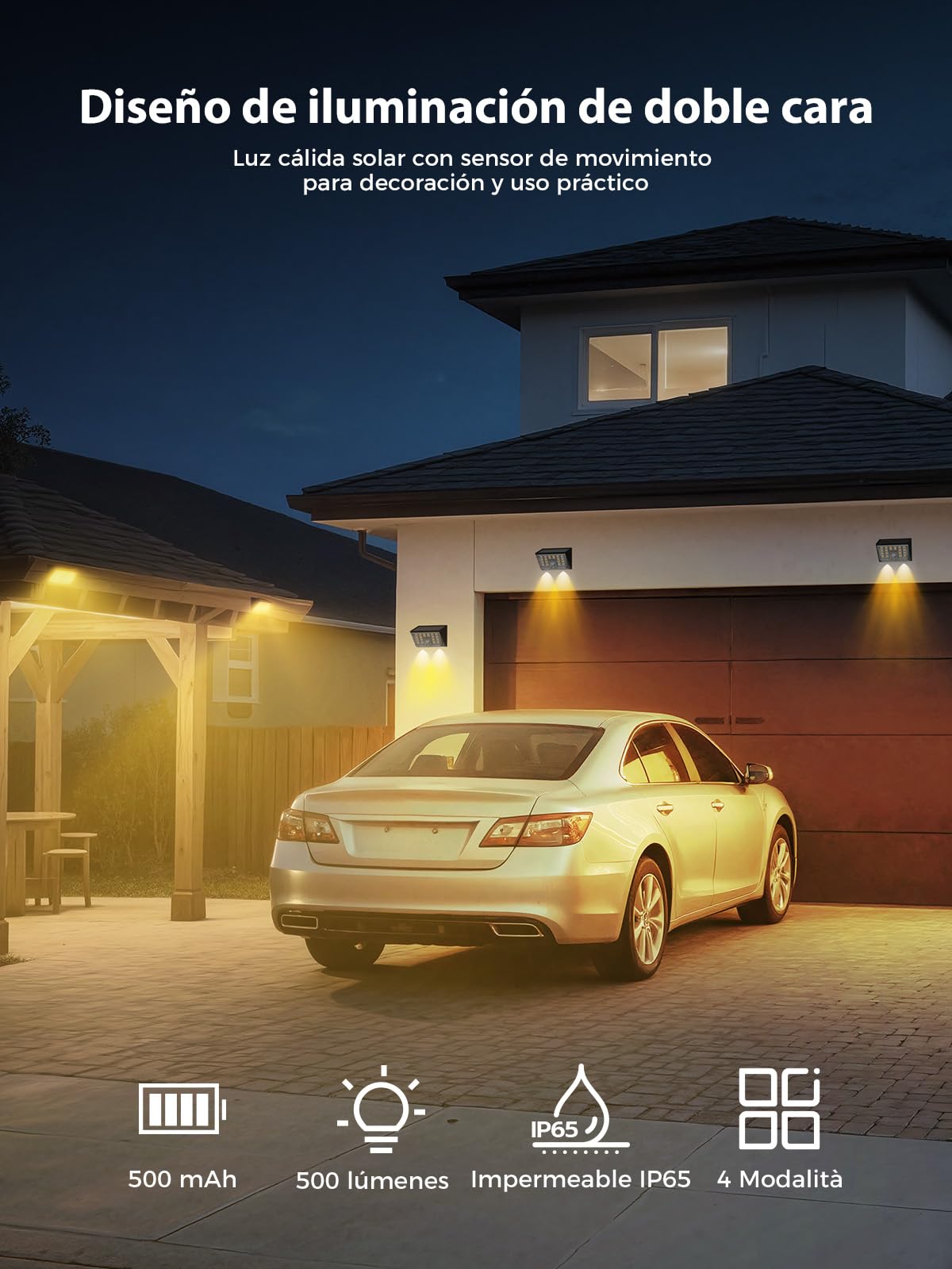 Smiling Shark WL-06 Luz Solar Exterior, 4 Piezas Focos LED Solares Con Sensor de Movimiento 4 Modos & 120° Iluminación IP65 Impermeable Lámpara de Pared Solar para Jardín Valla Patio, Blanco Cálido