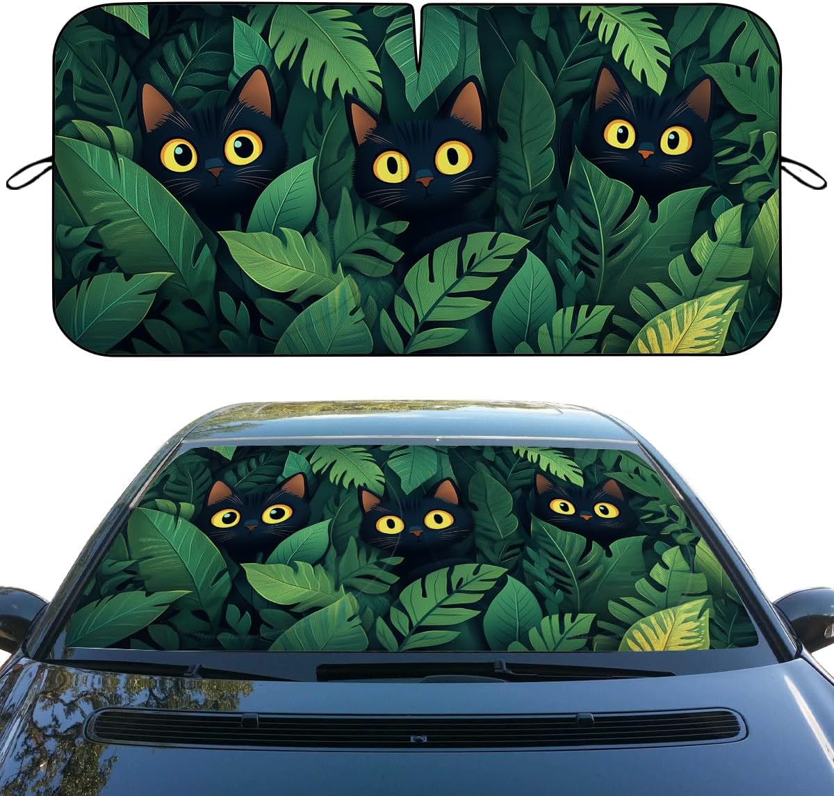 Cute Anime Cat Car Front Window Sun Shield - Green Plant Kawaii Black Cat Heatshield Windshield Rays Sun Shade Visor Protector for Sedan Truck SUV Accessories