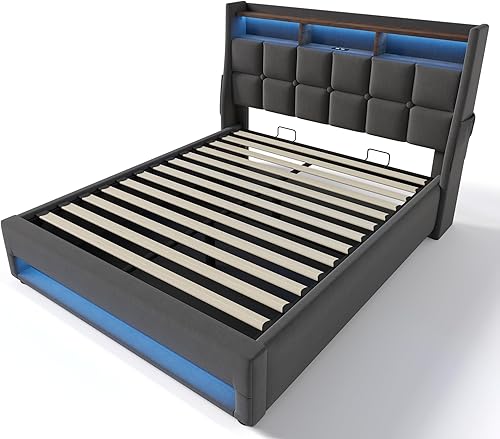 Miniatura 213 de Base de cama LED tapizada tamaño Queen, plataforma flotante de terciopelo con cabecero, MDF moderna y cama de madera contrachapada (beige-081)