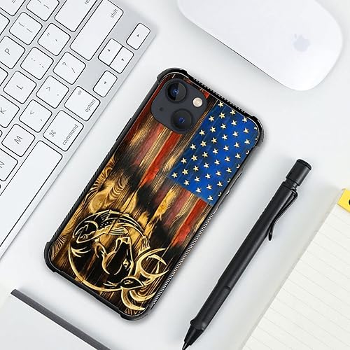 Miniatura 5 de Funda compatible con iPhone 14, funda de bandera de grano de madera de ciervo de pez rojo, parte trasera de vidrio templado + funda protectora de