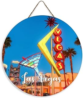 Skyline Las Vegas City Landscape Round Wood Pallet Wall Plaque Sign Hanging Bedroom Home Decoration Wooden Signs Antique Nevada Contemporary Cityscape Wooden Plaque for Living Room Bathroom 12x12