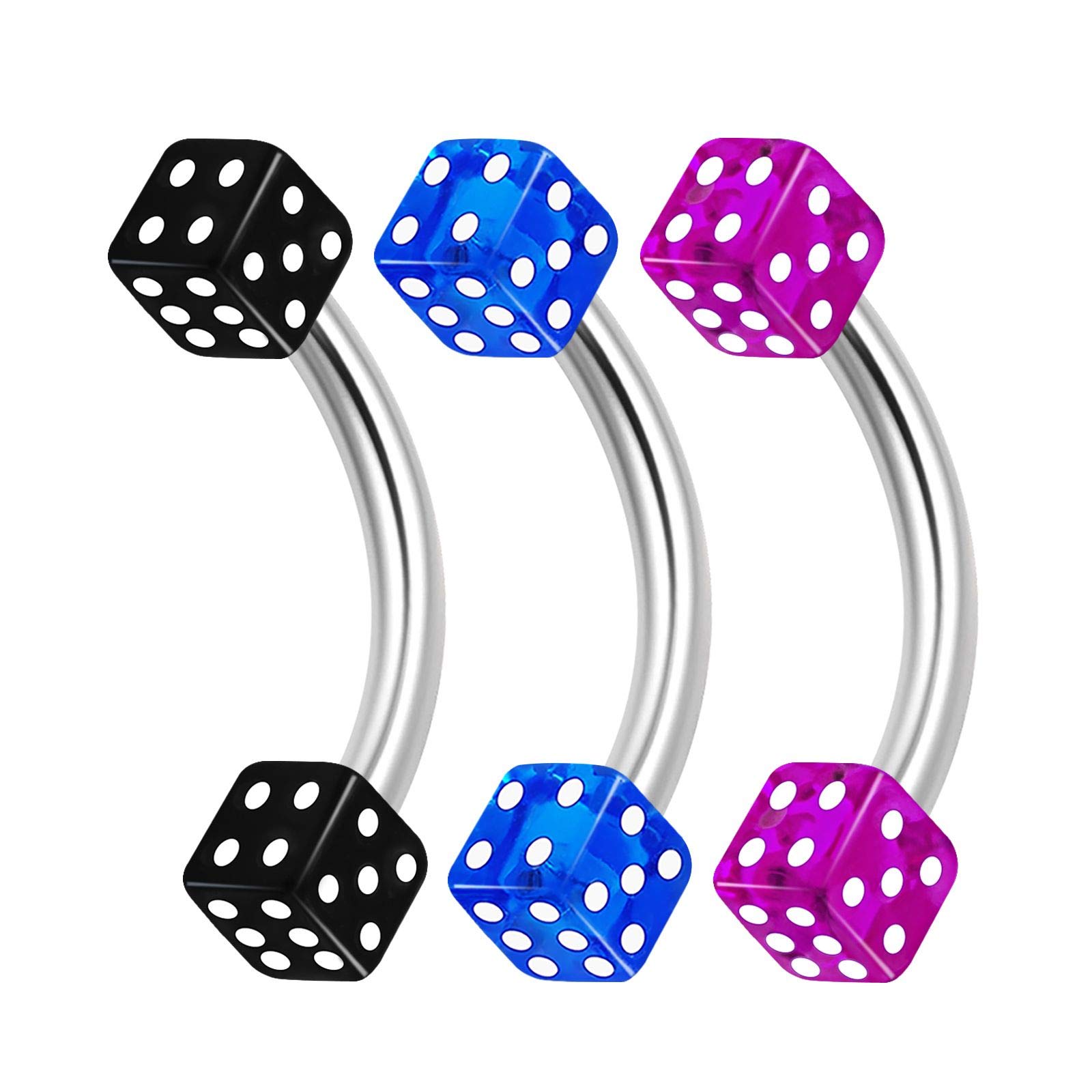 KJM FASHION1679 Surgical 316L Steel Banana Barbell 1.2 mm 16g 8 mm 5/16 3 mm Acrylic Cube Rook Daith Lip Tragus Earrings Pack of 3