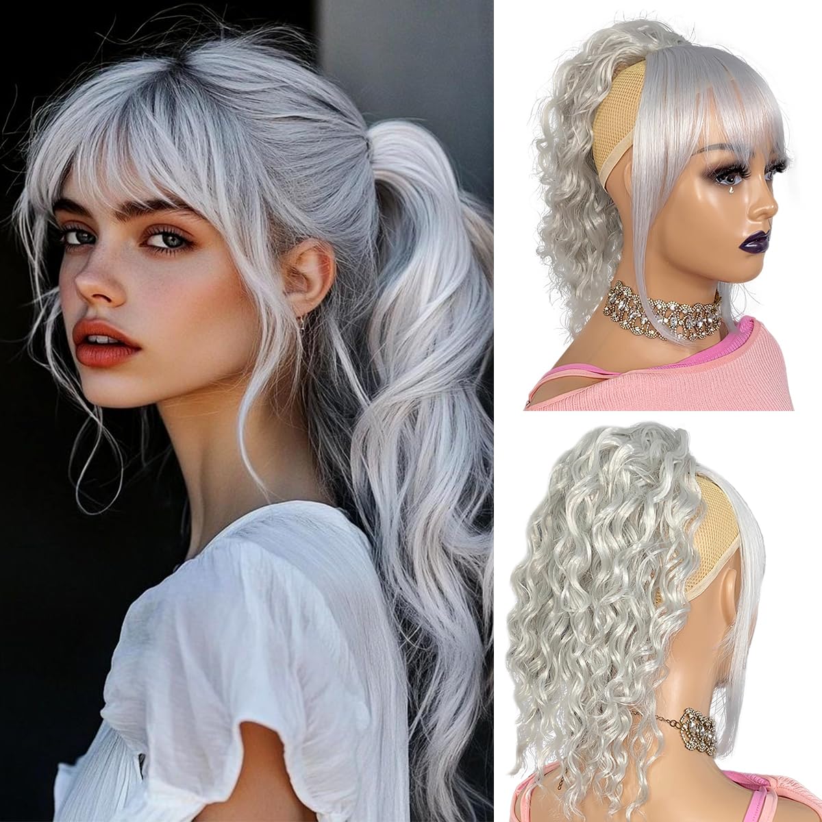 VAVANGA Gray Ponytail with Bangs 2 Pieces Short Drawstring Curly Ponytail With Straight Bangs 14inch Afro Puff Pony Tail Hair Piece for Black Women