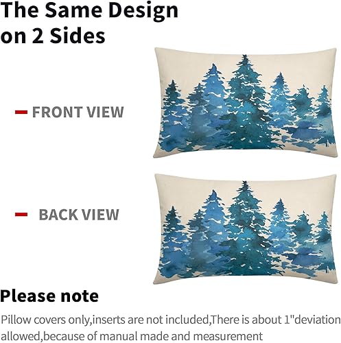 Miniatura 4 de Juego de 2 fundas de almohada lumbar de árbol azul acuarela de 12 x 20 pulgadas, fundas de almohada rectangulares con temática natural de invierno y