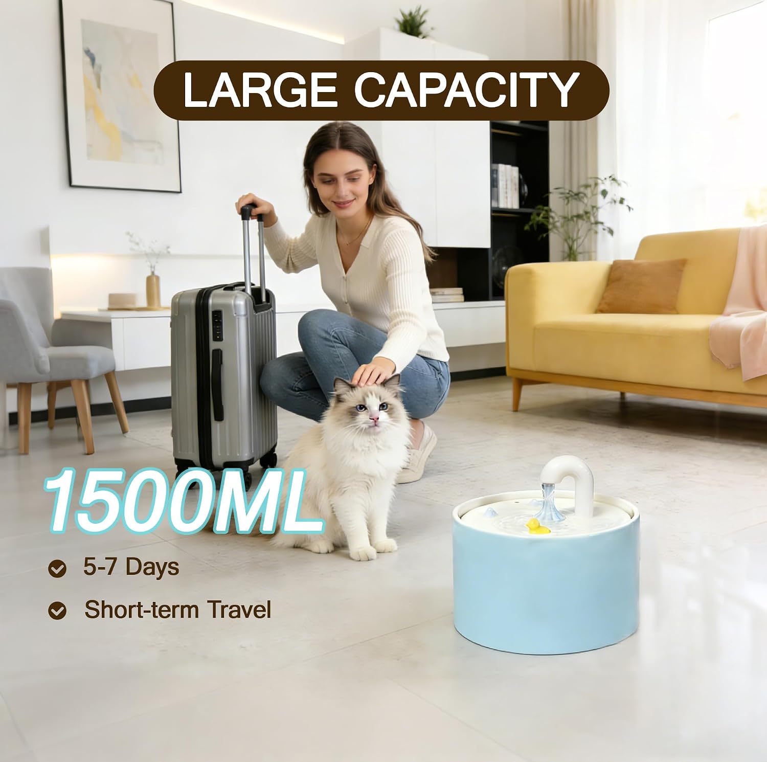 Ceramic Cat Water Fountain, 50oz/1.5L Blue Ultra-Silent Automatic Pet Water Bowl Fountain Cat Water Dispenser for Pet Drinking Indoor with Cute Design, Activated Carbon Filter Perfect for Cats