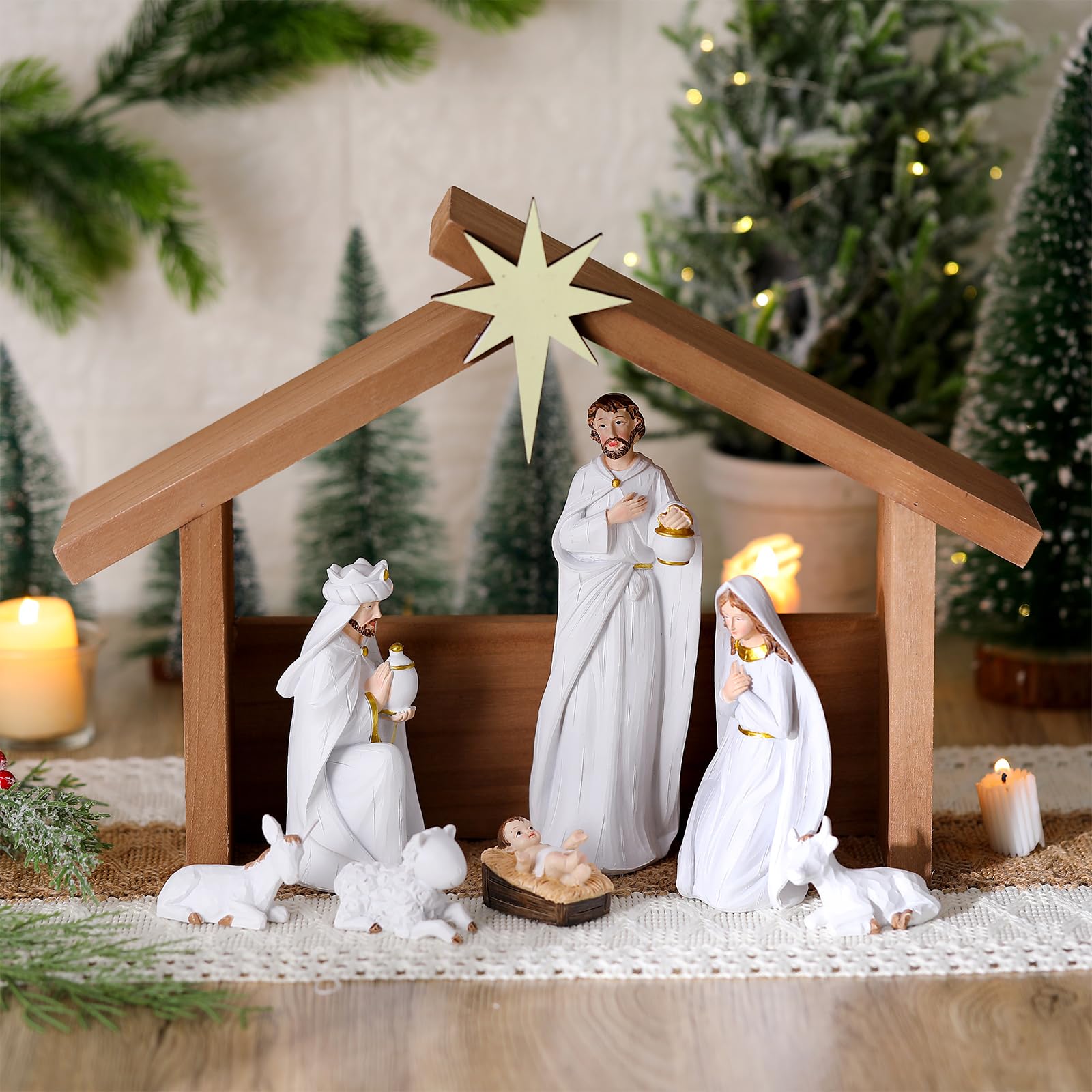 Wesiti Weihnachtskrippe aus Holz, Weihnachtskrippe mit Dachstern, 36,7 x 26,7 cm, für Innenmaßstab, 17,8 cm, Heilige Familie, Holz, stabile Krippe, Heimschreibtischdekoration (ohne Figuren)