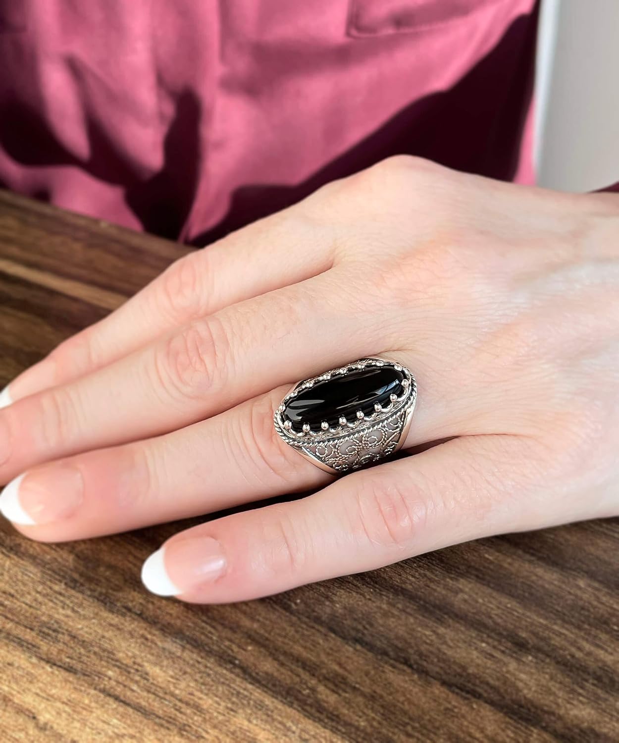 Filigranist 925 Sterling Silver Handcrafted Filigree Art Women Oval Boho Statement Ring with Gemstones, Gift Boxed