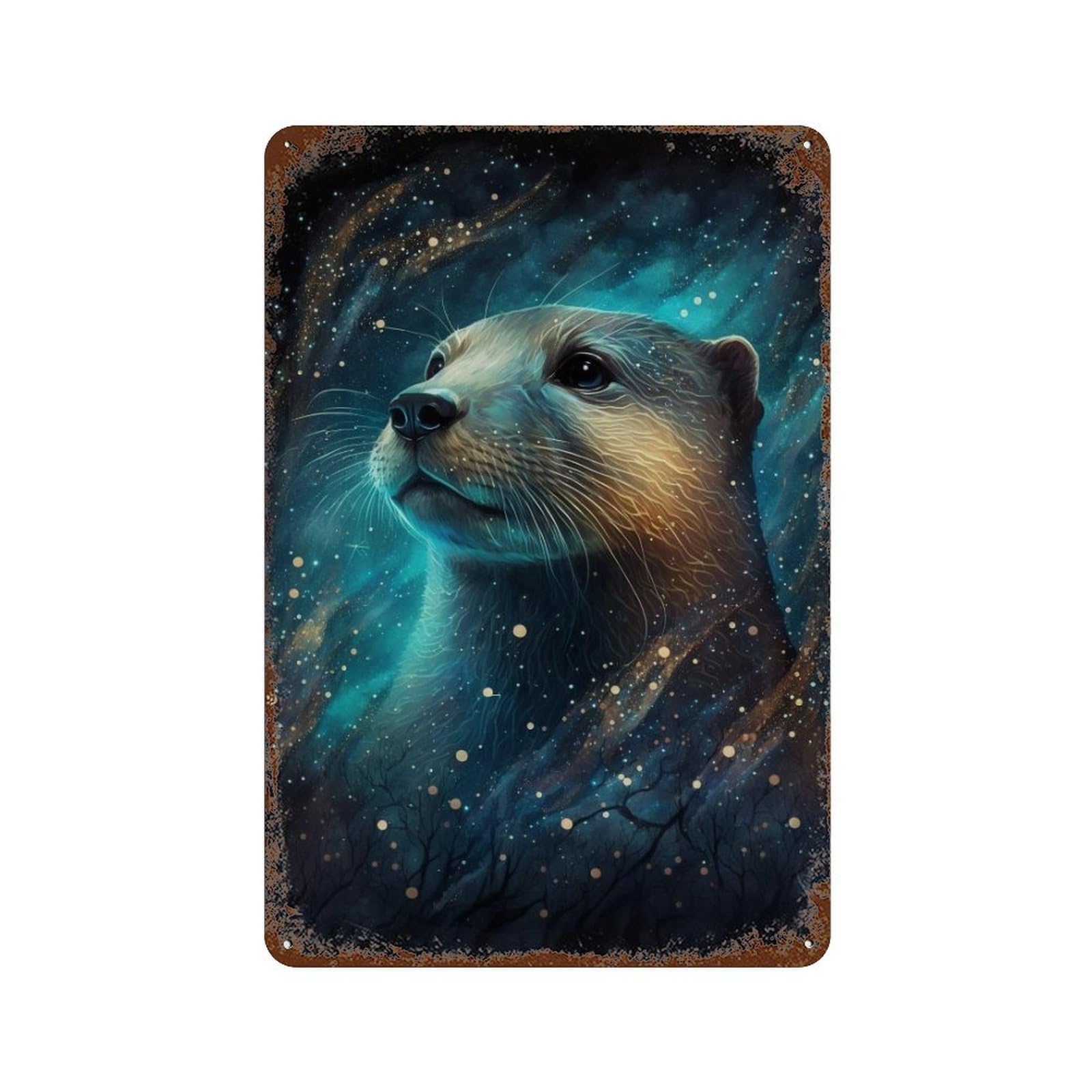 Rust Effect Magical Otter in Starry Night Aged Metal Wall Plaque 11.8"x7.9", Shabby Chic Decor for Living Room, Hallway And Home Decor