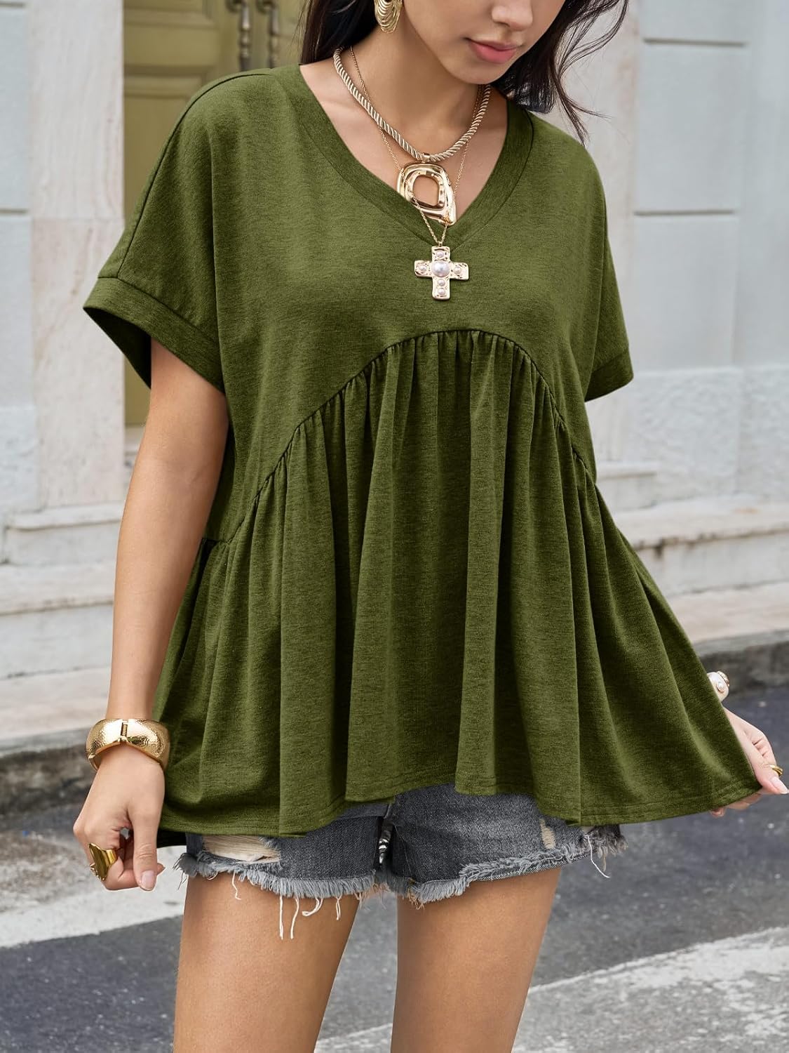 Cicy Bell Womens Summer Peplum Tops Oversized Babydoll Short Sleeve V Neck T Shirts Casual Loose Pleated Swing Blouse - Image 2