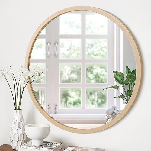 Miniatura 184 de JJUUYOU Espejo circular de pared redondo para baño, espejo de tocador gris, pequeño círculo decorativo para pared, marco de madera, espejo