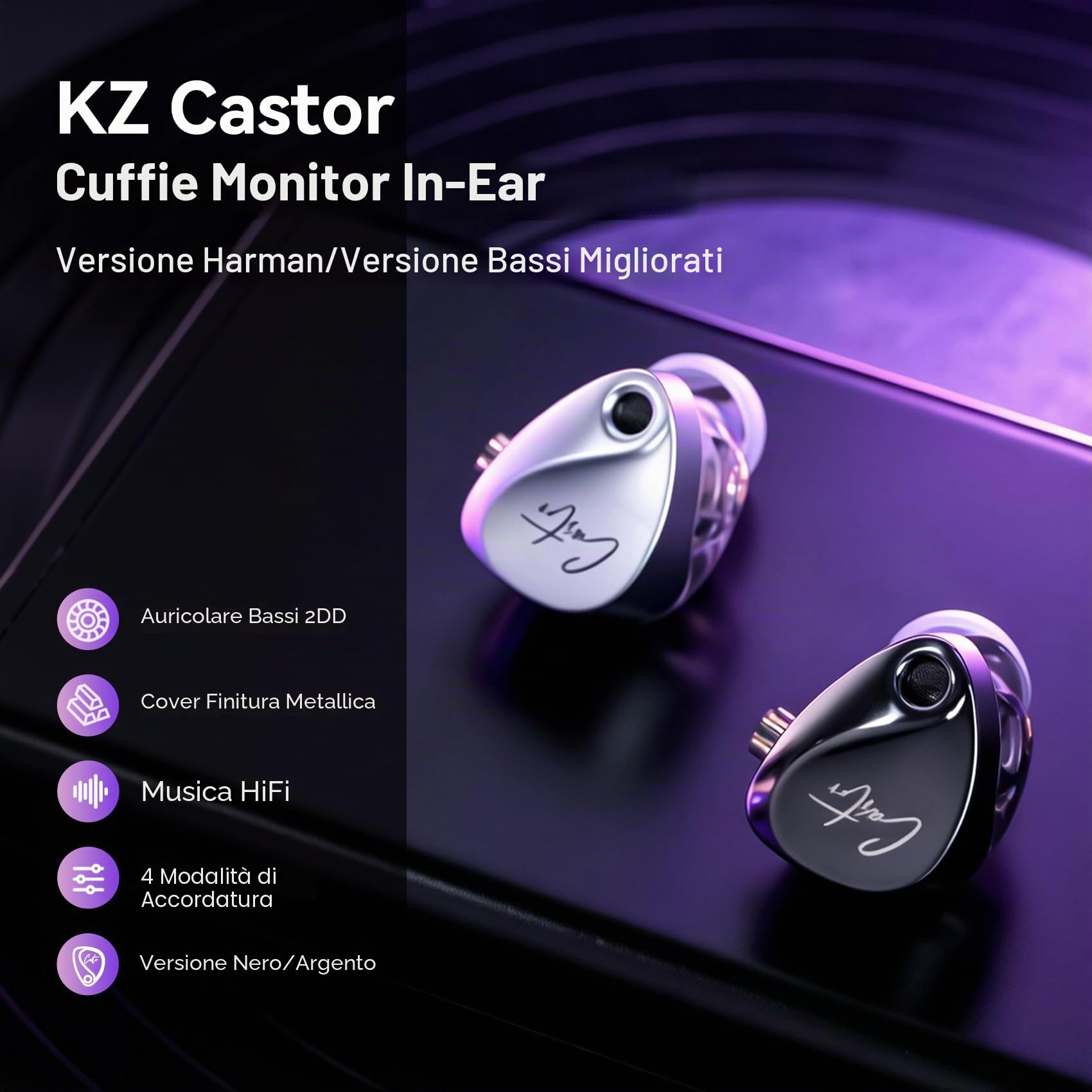 KZ Castor - Cuffie in-ear monitor, driver dual-dinamico con cavo, Hi-Fi migliorati, bassi in-ear, sintonizzazione del rumore, isolamento acustico IEM, cavo staccabile a 2 pin (nero (bassi migliorati)