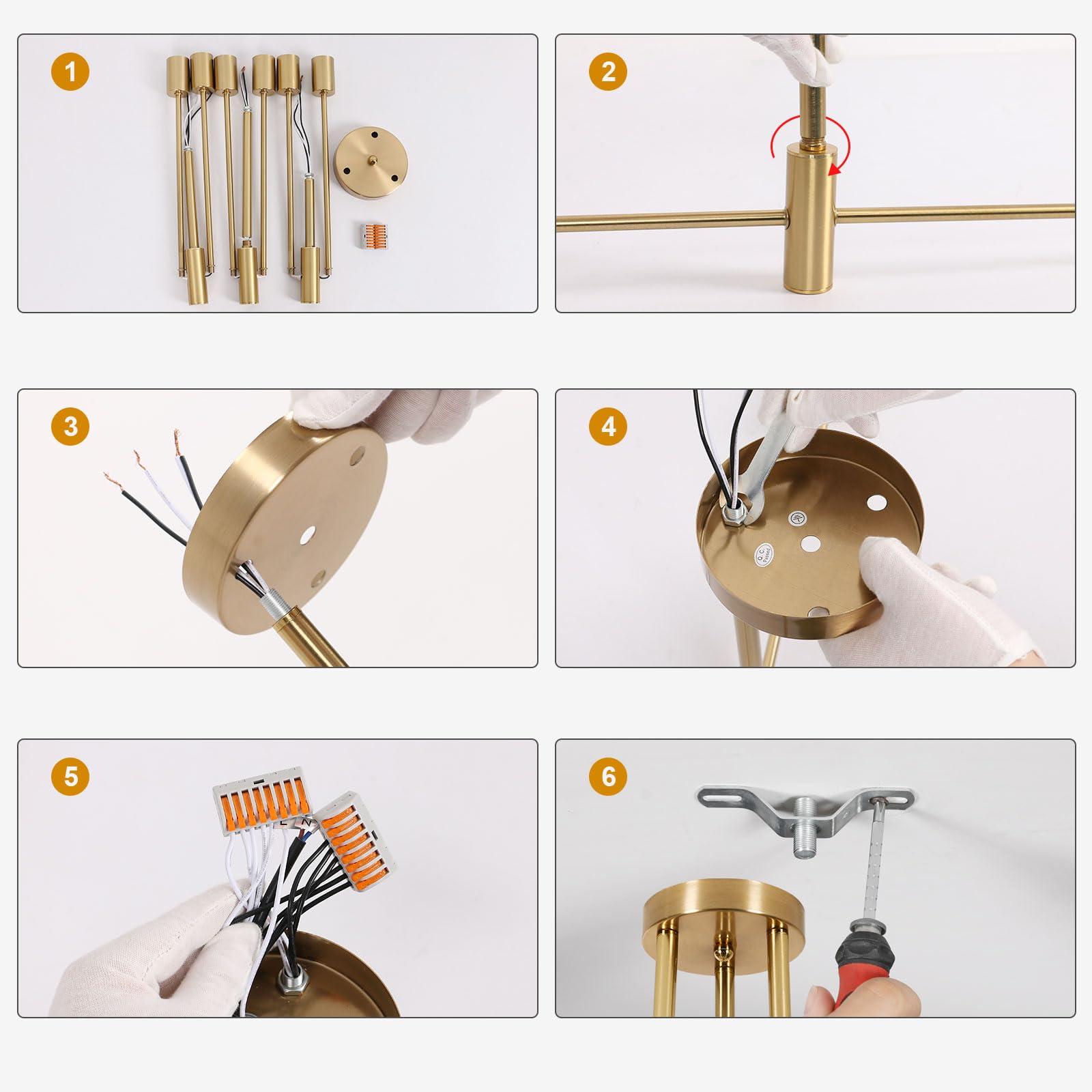 Goeco Lustre Sputnik Industriel 6 Lumières Douille E27 Lampe Suspension Vintage Plafonnier Doré Moderne en Metal pour Salon Chambre Cuisine, Max.60W Ampoules non incluses