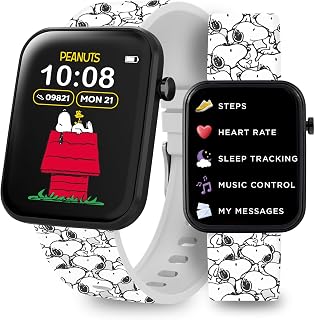 Accutime Peanuts Snoopy - Reloj inteligente interactivo con correa impresa blanca para niños