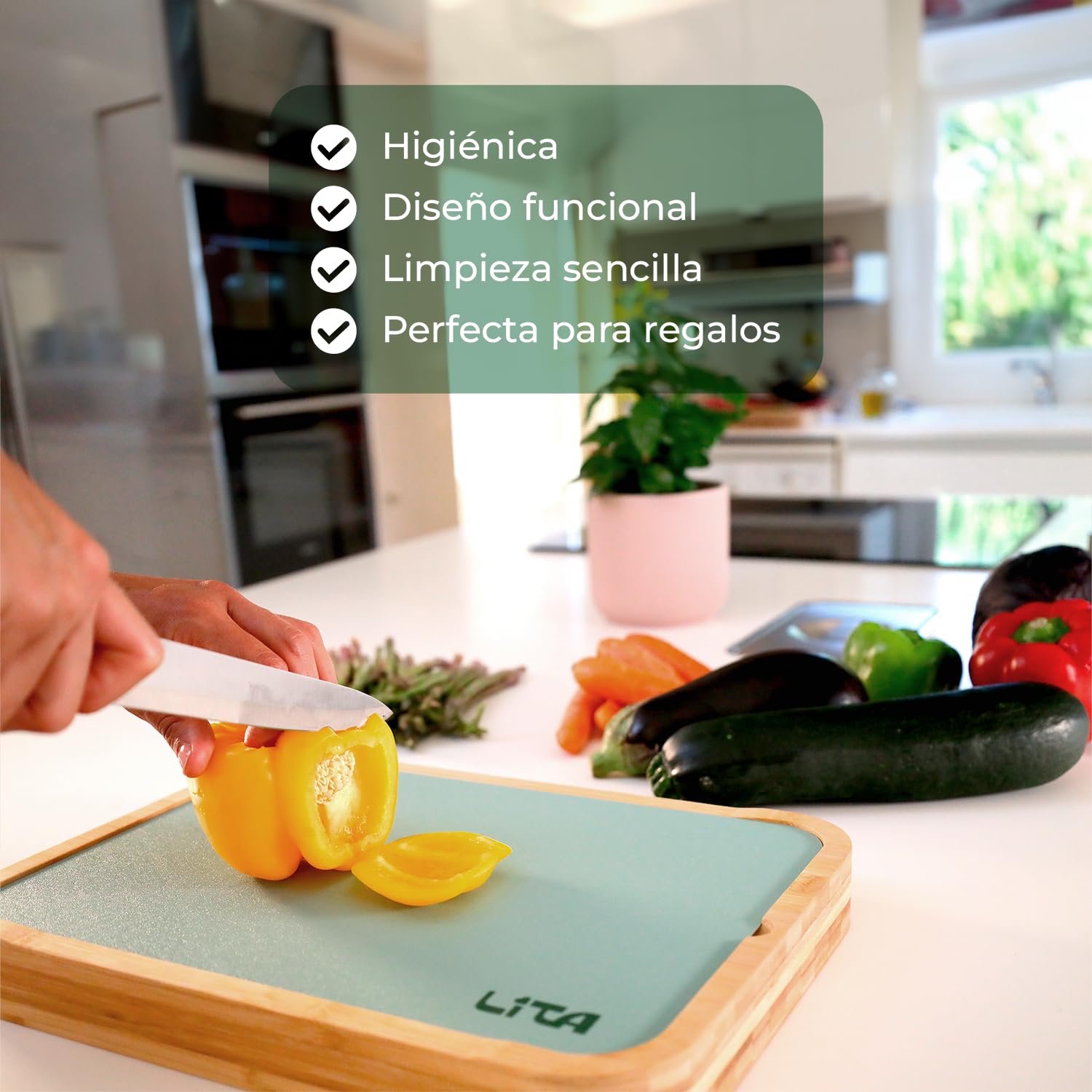 LITA Tabla de Cortar de Bambú Antibacteriana 36,5 x 27 x 4 cm, Doble Cara con 3 Alfombrillas Intercambiables, Tabla de Cocina para Carne, Pescado, Verduras y Pan, Libre BPA