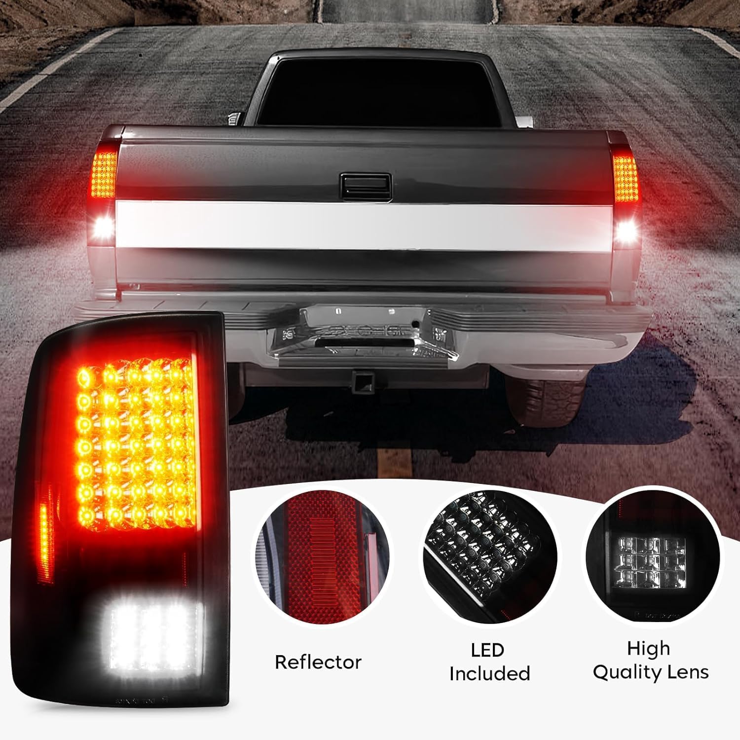 KOMAS LED Tail Light Assembly Compatible with Dodge Ram 1500 2002 2003 2004 2005 2006, Ram 2500 3500 2003 2004 2005 2006, Rear Taillight Black Smoke Lens, 55077348AF 55077347AF CH2801147 CH2800147