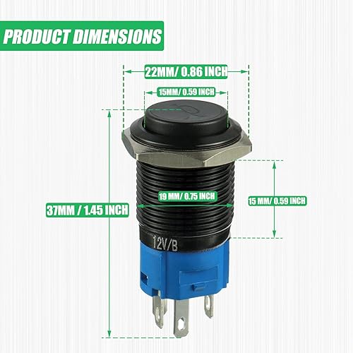 Miniatura 2 de Bocina de automóvil de 0.748 in, 12 V, botón momentáneo, luz LED, verde, altavoz de metal, interruptor de palanca de bocina de aire con cable de