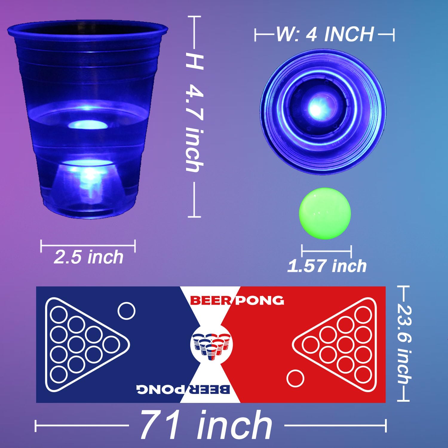 Set di tovagliette da tavolo Glow Beer Pong da 180,3 x 58,4 cm, set portatile per giochi di festa, 22 tazze luminose (rosso e blu), 6 pong luminosi che si illuminano al buio