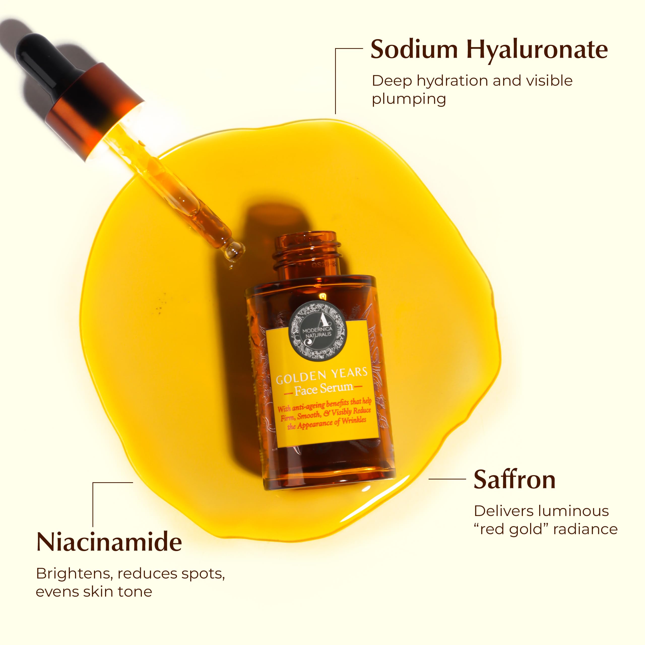 A.Modernica Golden Years Gesichtsserum | Hilft das Erscheinungsbild von Pigmentflecken, Altersflecken und feinen Linien zu verbessern | Mit Ashwagandha, Safran & Niacinamid | Dermatologisch getestet |