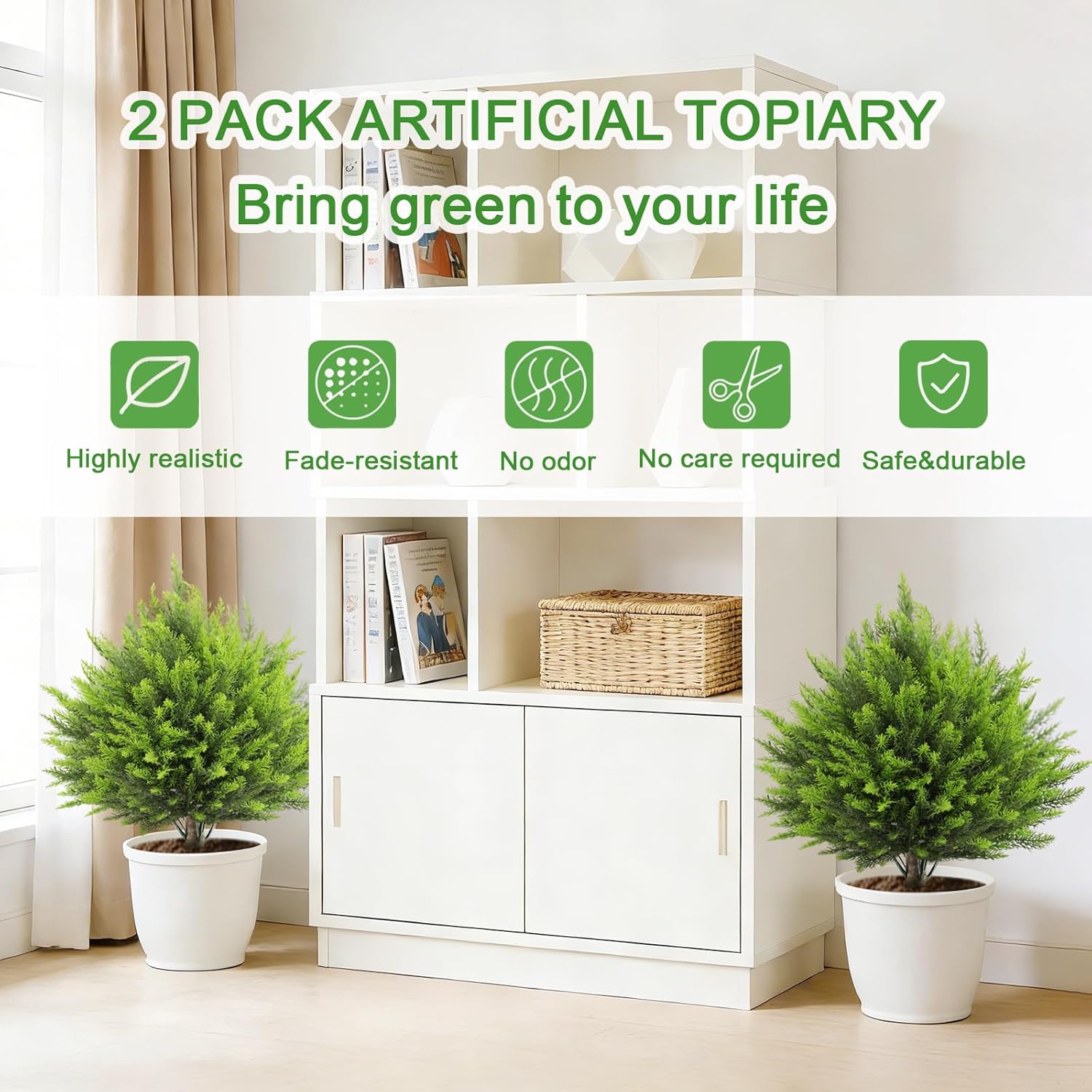 24" Artificial Cedar Topiary Ball Trees Outdoor, 2 Pack UV Resistant Fake Plants with Ground Spike, Faux Cypress Shrubs Bushes for Indoor Front Porch Garden