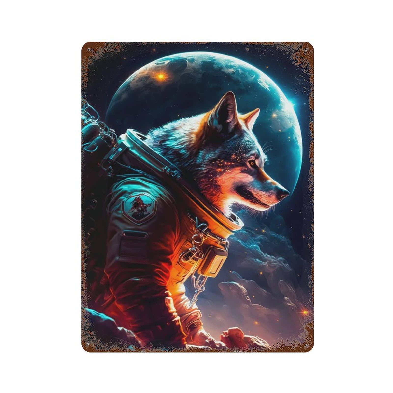 Retro Metal Sign with Wolf Spacial Design 15.7"x11.8", for Living Room, Hallway And Home Decor, Farmhouse Wall Decor