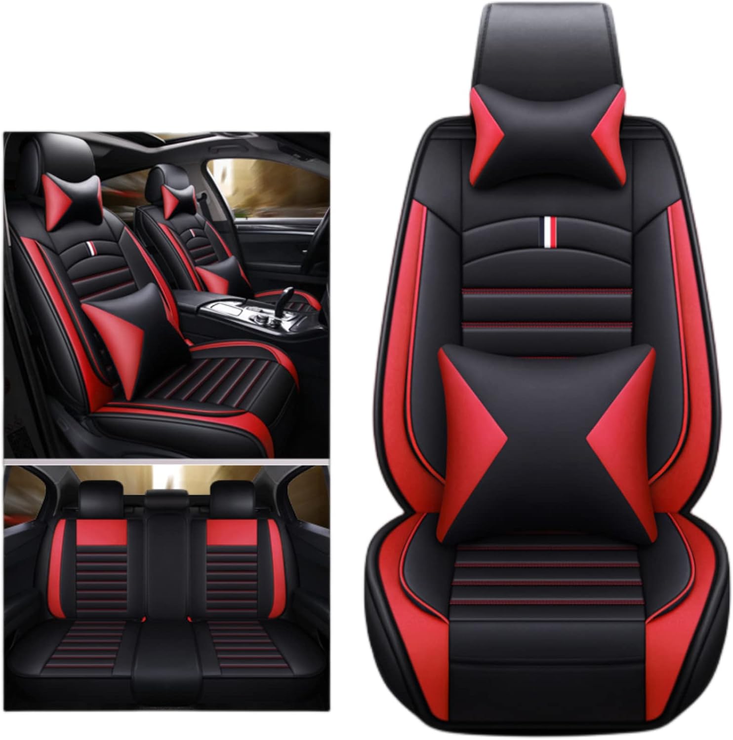 Full Set Universal Fit 5 Seats Car Waterproof Pu Leather Front Rear Car Seat Cushion Cover with Headrest Waist Support Pillows for Sedan or SUV