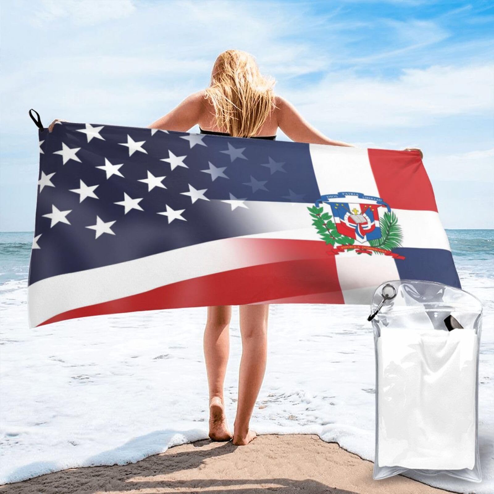 HACXZ Funny America Flag and Dominican Republic Flag (2) Absorbent Beach Towel Microfiber Beach Shower Towel 31.5"X63"