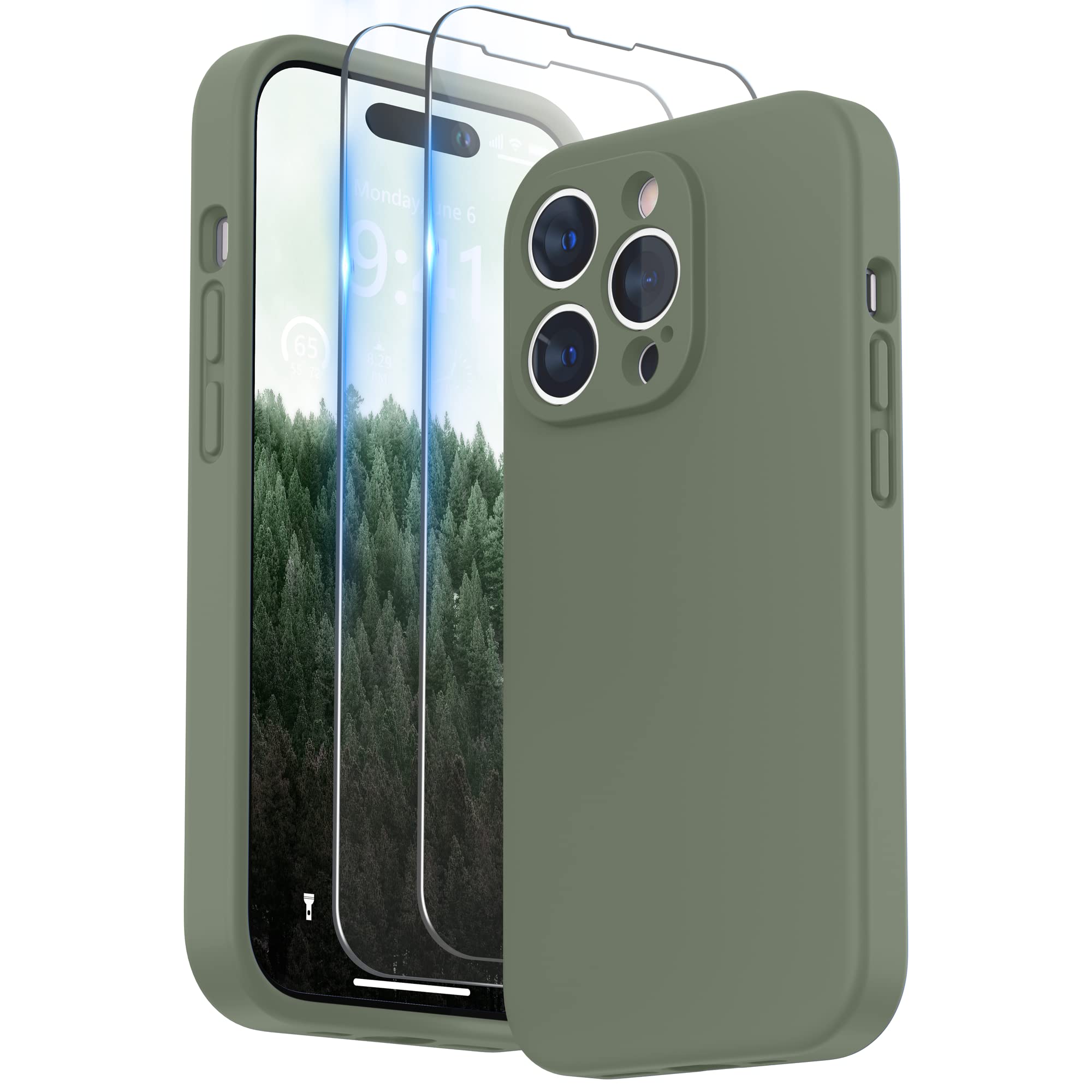 SURPHY Cover per iPhone 14 con 2 Pellicola Vetro Temperato (6,1), Custodia per iphone 14 Silicone con Protezione Fotocamera, case protezione Completa, verde