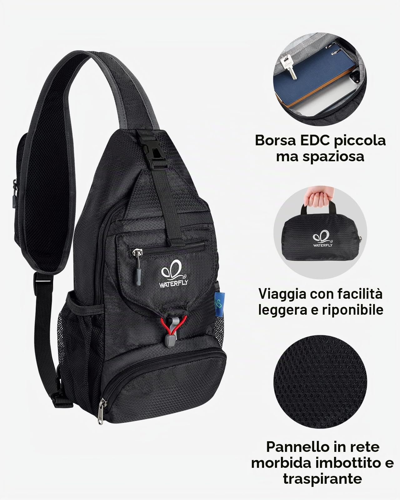 Waterfly Zaino Monospalla Ripiegabile Piccolo Zaini Petto Borse a Spalla borsa da Giorno per Sportivo Escursioni e Viaggi Uomo Donna