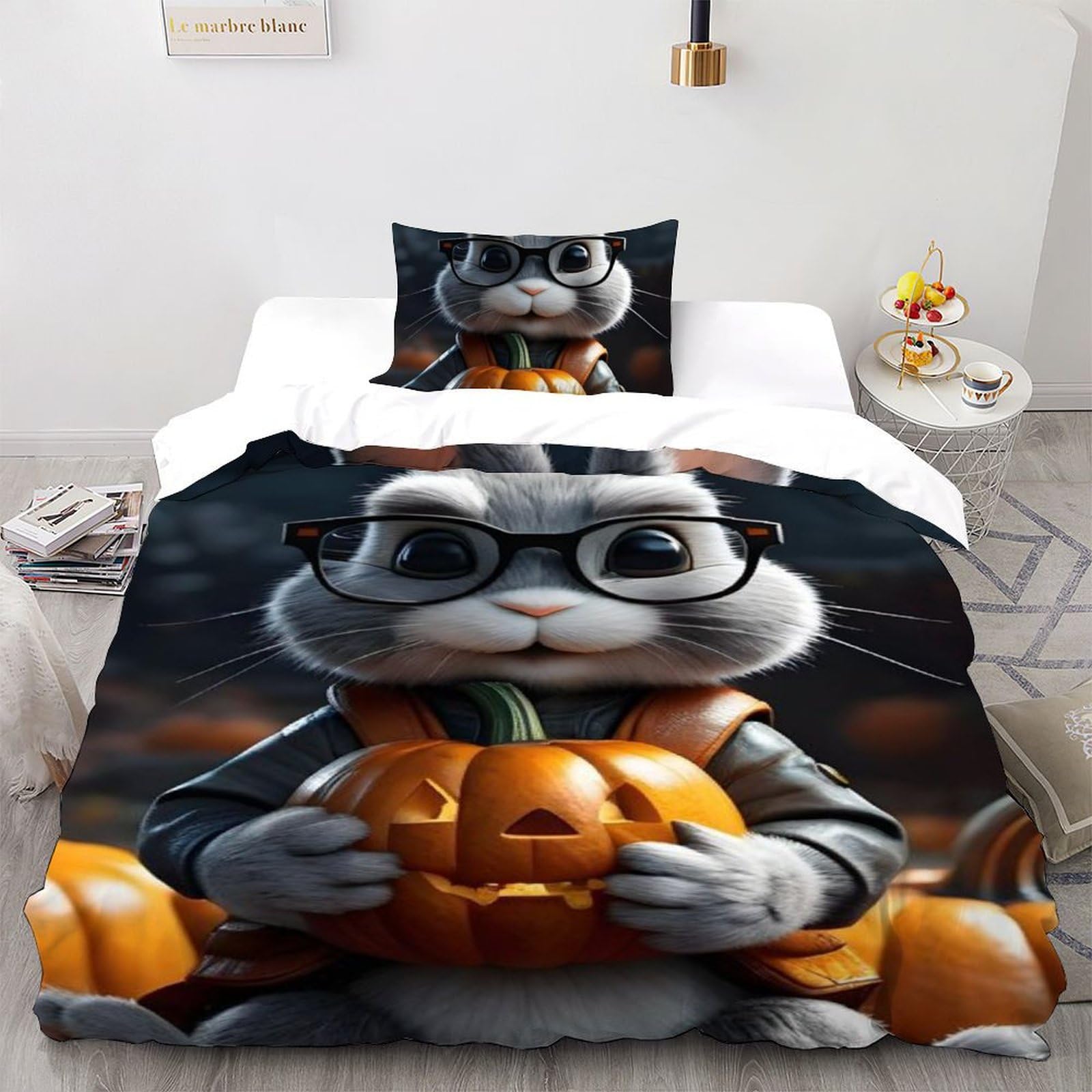 Housse de couette imprimé 3d lapin de citrouille en microfibre single 135x200cm