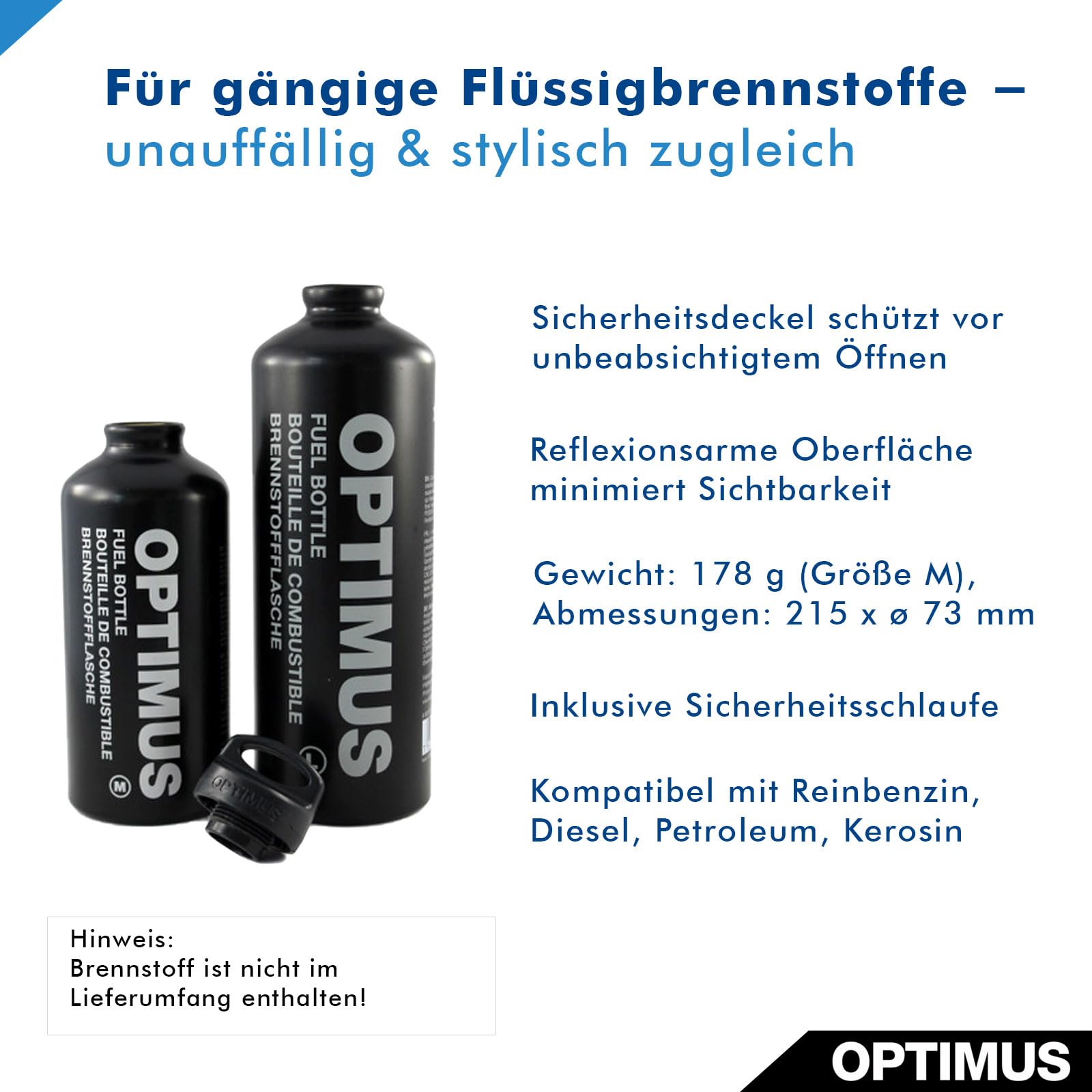 Optimus Brennstoffflasche M – 0,6 L Outdoor-Tankflasche für Flüssigbrennstoffe | Druckfest, ultraleicht & robust | Kindersicherer Verschluss und Sicherungsschlaufe | Black Edition
