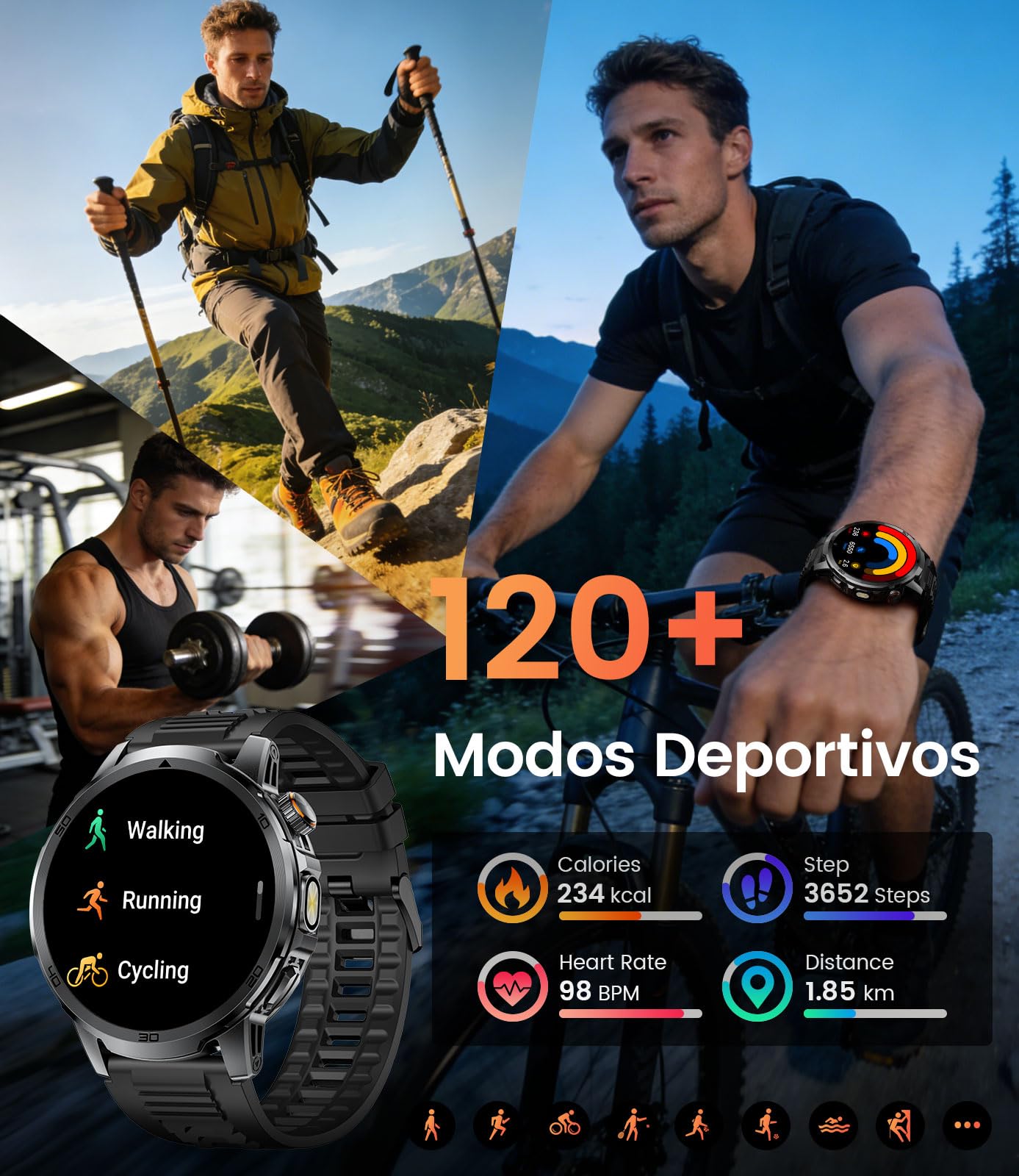 Reloj Inteligente Hombre con 1000mAh Batería/Linterna, 1.85" Grandes Smartwatch Hombre con Llamadas Bluetooth, Monitor de Sueño, IP68 Impermeable, 100+ Modos Deportivos para Android iOS