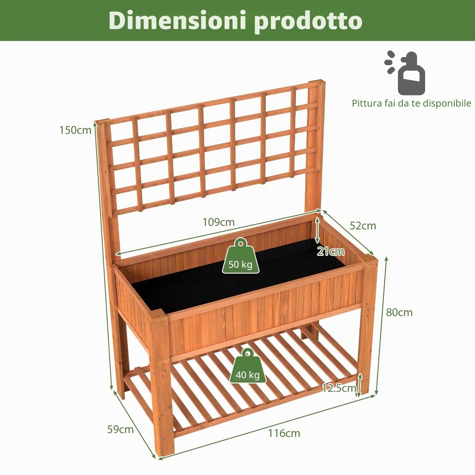 HOMASIS Fioriera Rialzata con Traliccio, Vaso per Piante in Legno con Ripiano e Fori di Drenaggio, Letto da Giardino, Orto da Esterno per Fiori Verdure Erbe, 116 x 59 x 150 cm (Arancione)