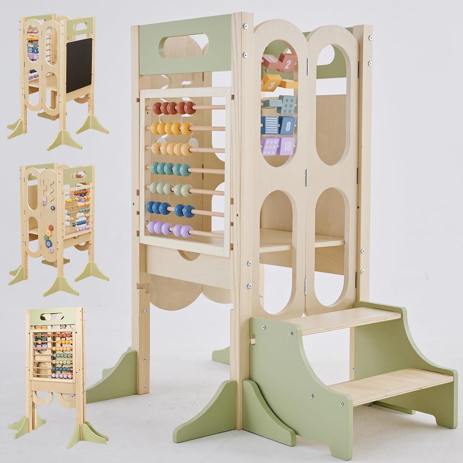 Paisure Foldable Toddler Tower, Adjustable Height Kitchen Stool Helper, Learning Standing Tower for Kids, Toddler Step Stool with Blackboard, 1-3 Year Old Boy Girl Montessori Gifts Style B