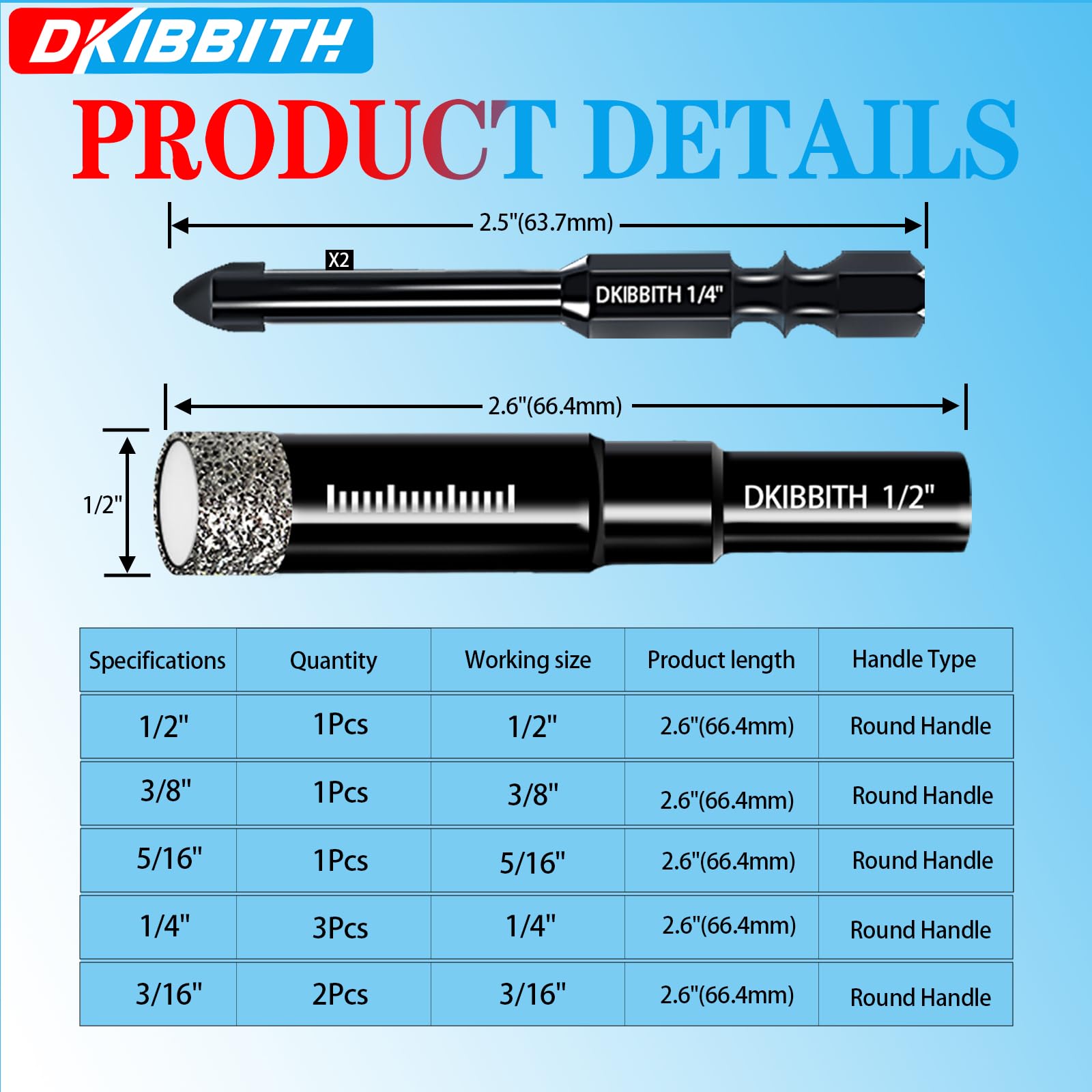 10 Pack Dry Diamond Drill Bits Set Round Shank 3/16" 1/4" 5/16" 3/8" 1/2" D148424