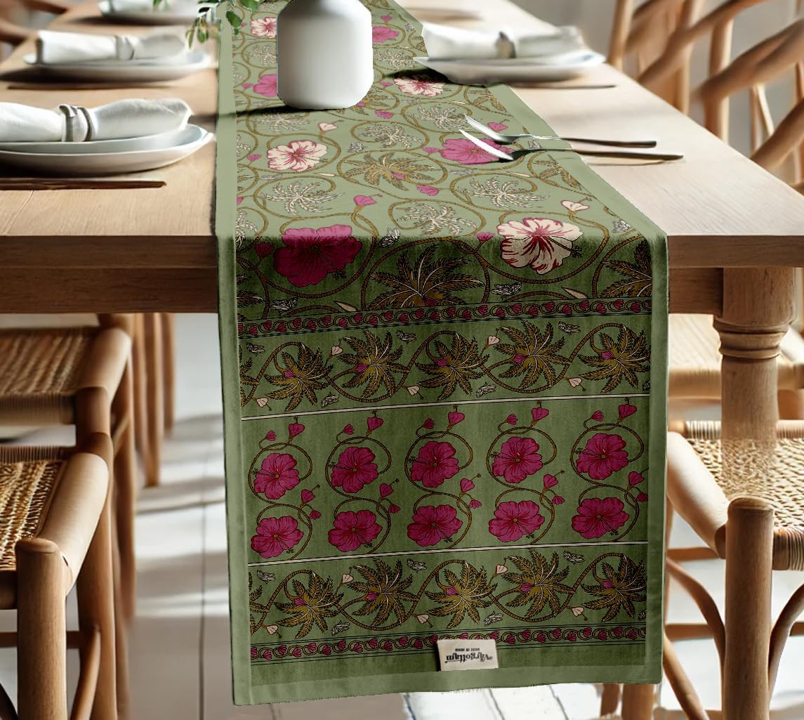 Boho Cotton Table Runner - Double Layer with Printed Floral Design - Machine Washable - Table Décor for Kitchen, Living & Events, 14" x 60"