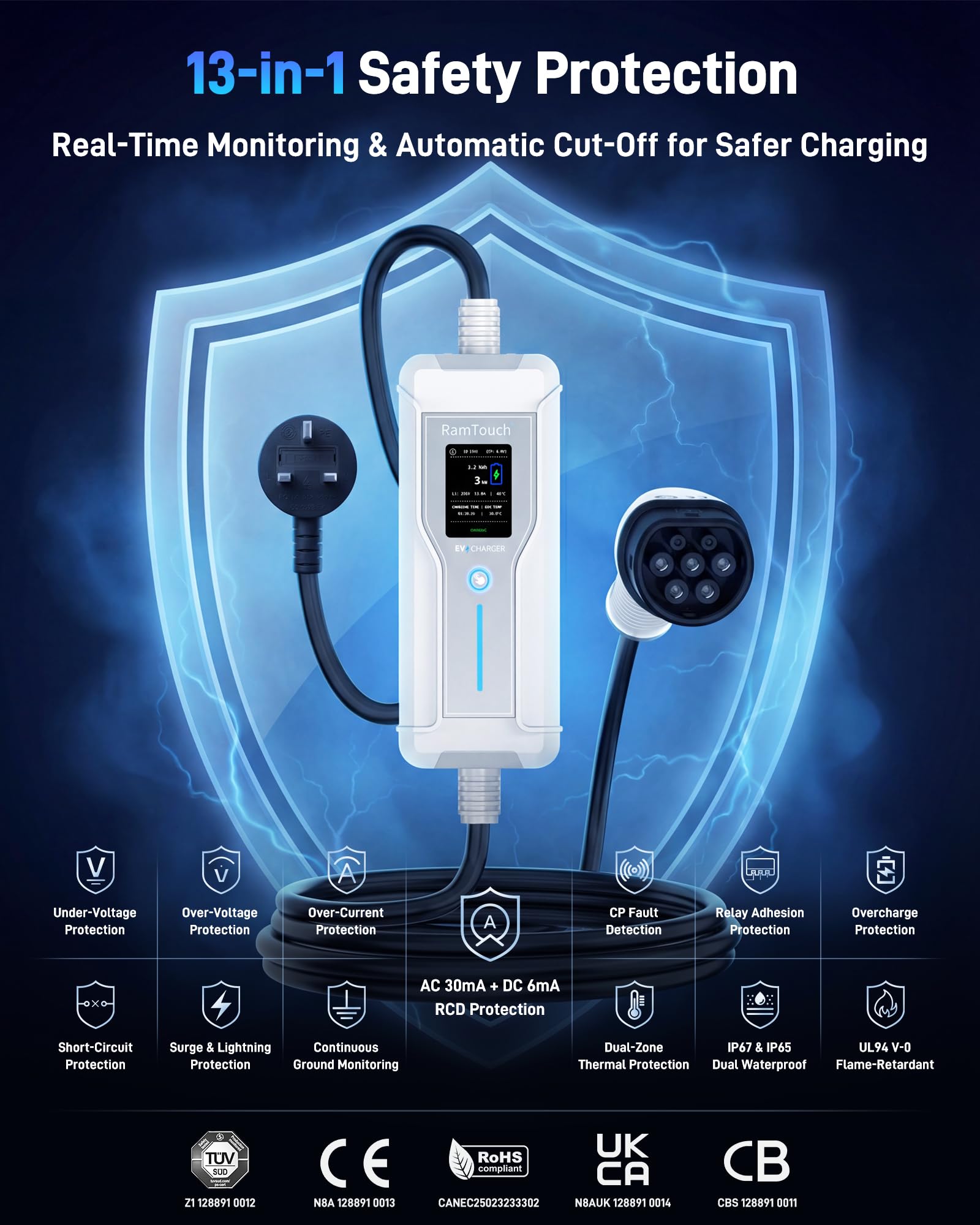 RamTouch Portable EV Charger (3 kW, 13 A, 15 m, IP67) | UK 3-Pin Plug to Type 2 | Mode 2 Granny Charging Cable with Adjustable 6A–13A, Smart Timer & LCD Display, AC/DC RCD Protection for EVs & PHEVs - 5