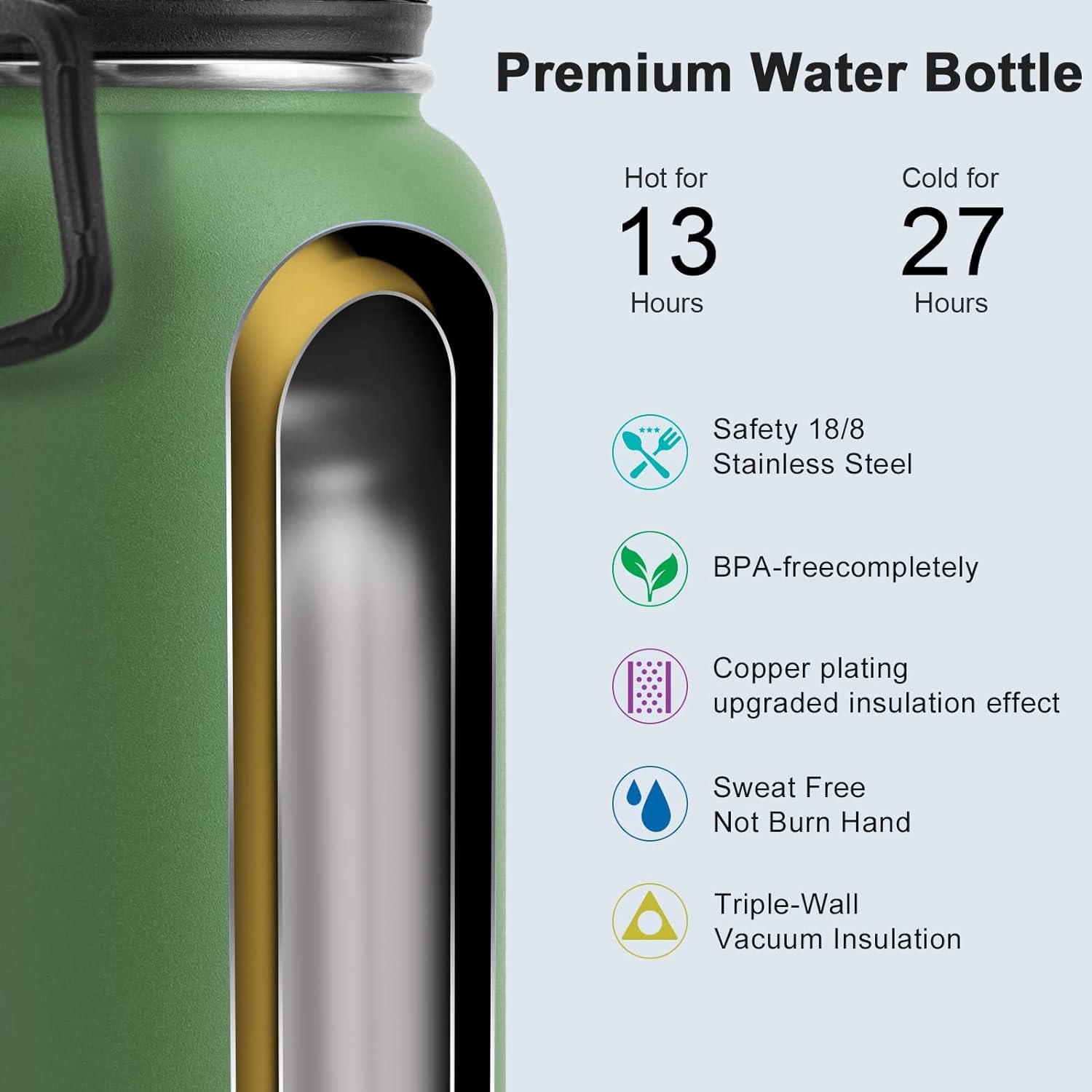 Koodee Insulated Water Bottle, 32 oz Stainless Steel Double Wall Vacuum Wide Mouth Sport Bottle with Leakproof Spout Lid (Grass Green) - Image 4