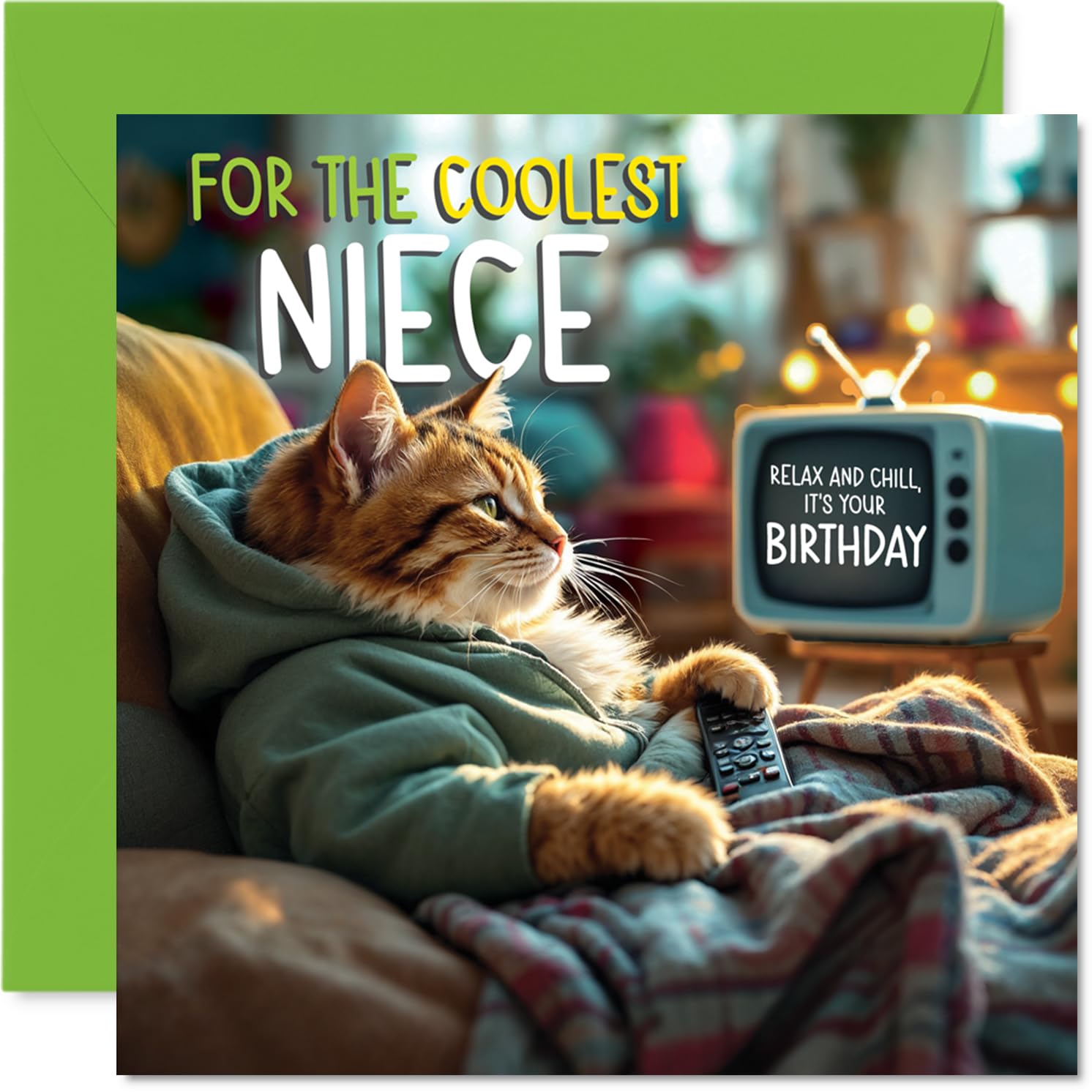 Niece Birthday Card - TV Cat - Happy Birthday Card for Niece from Auntie Uncle, 145mm Cat Celebration Bday Greeting Cards